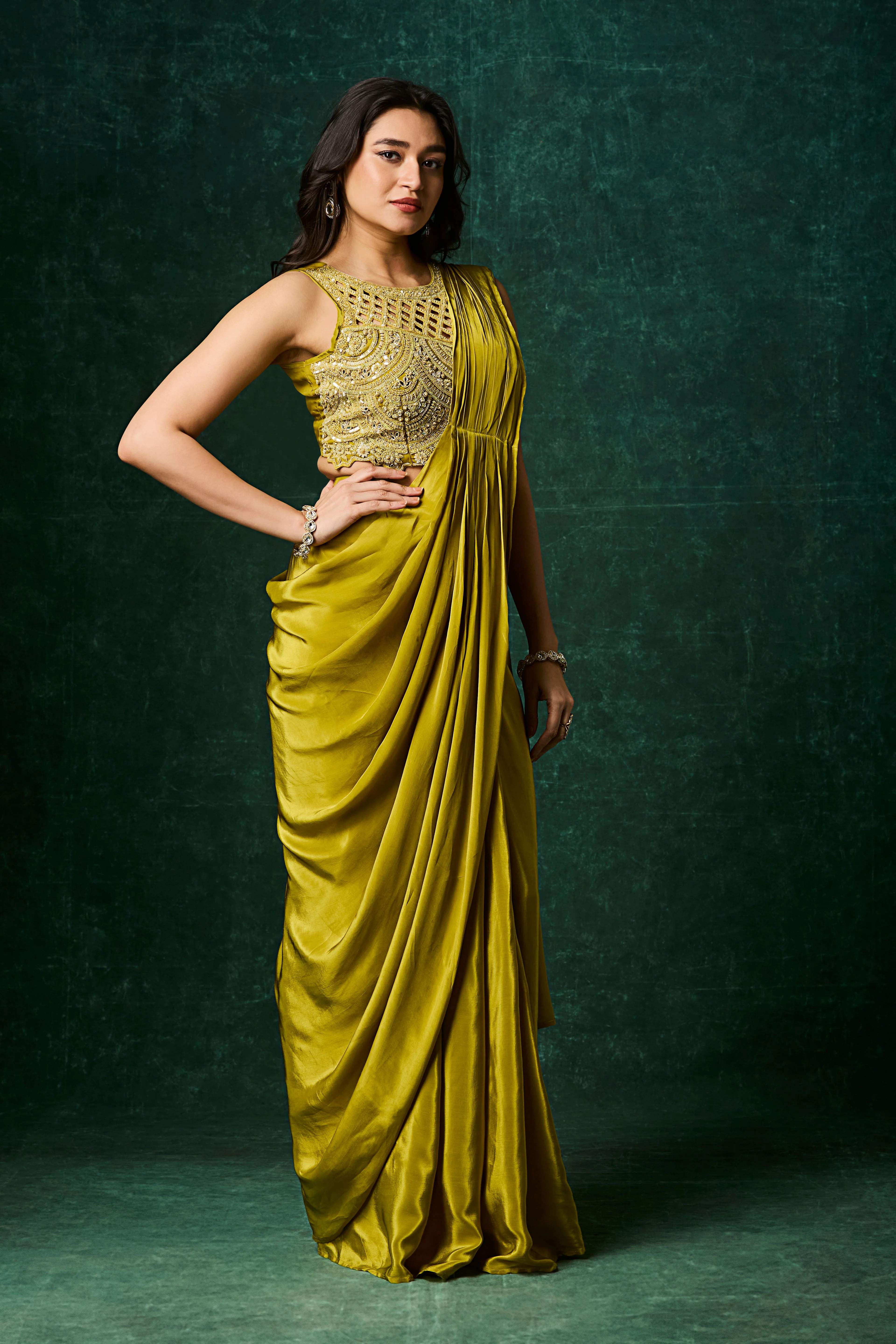 Chartreuse Green Embellished Crepe Silk Drape Saree - Image 4