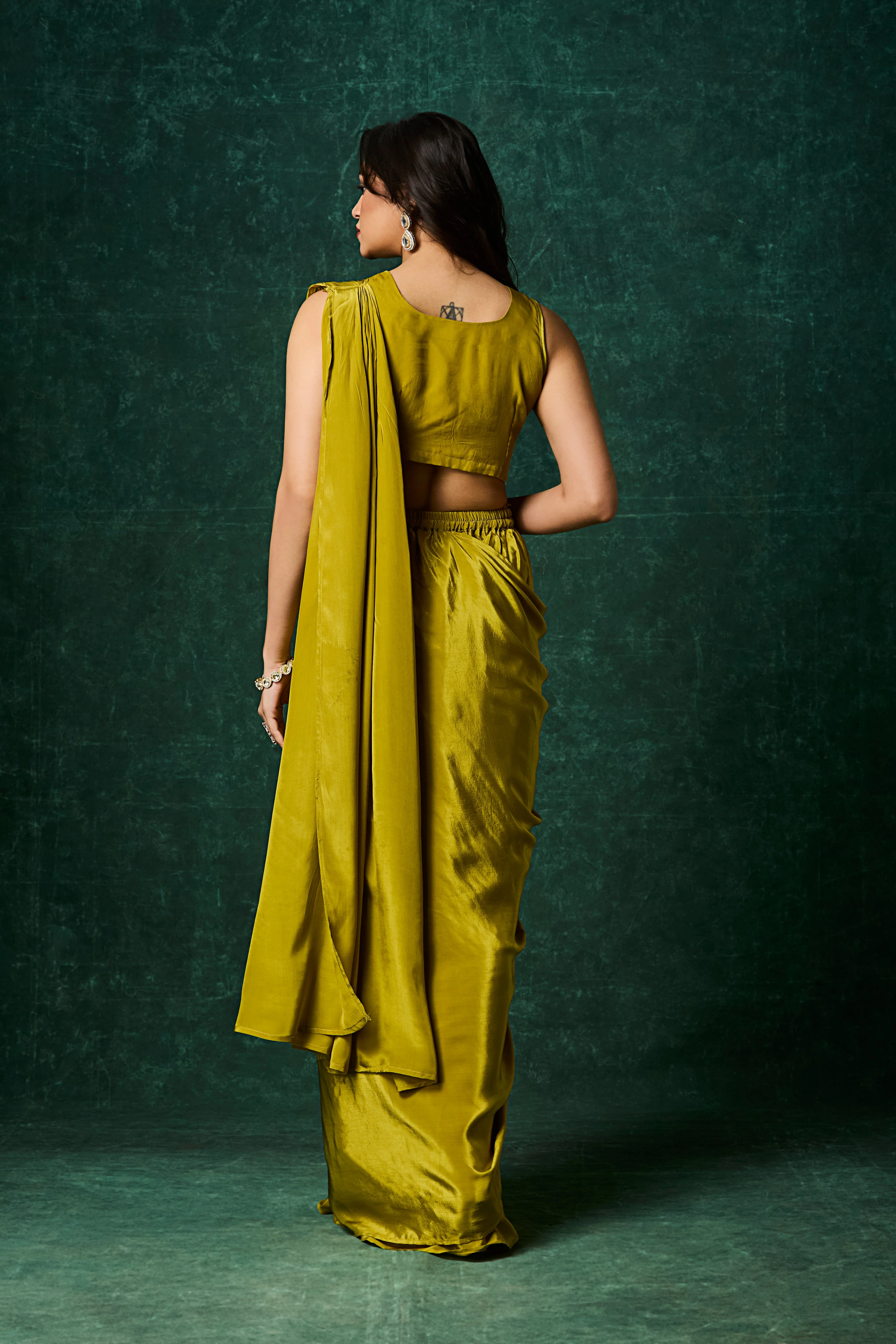 Chartreuse Green Embellished Crepe Silk Drape Saree - Image 5