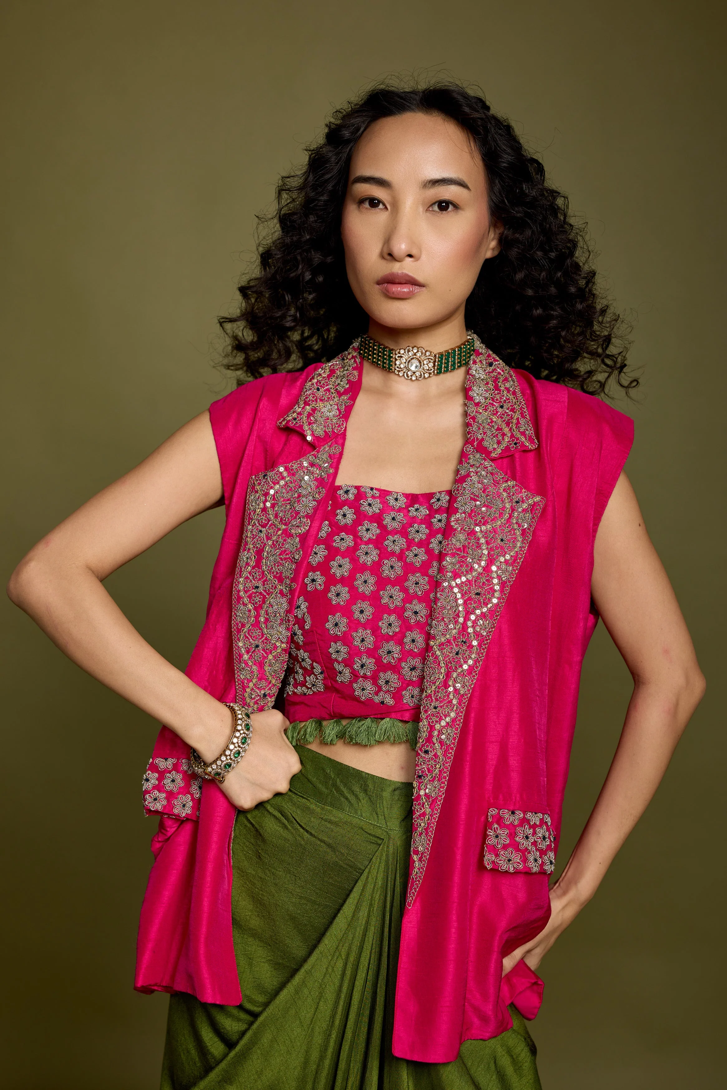 Bold Pink Embellished Raw Silk Drape Skirt With Jacket - Image 3