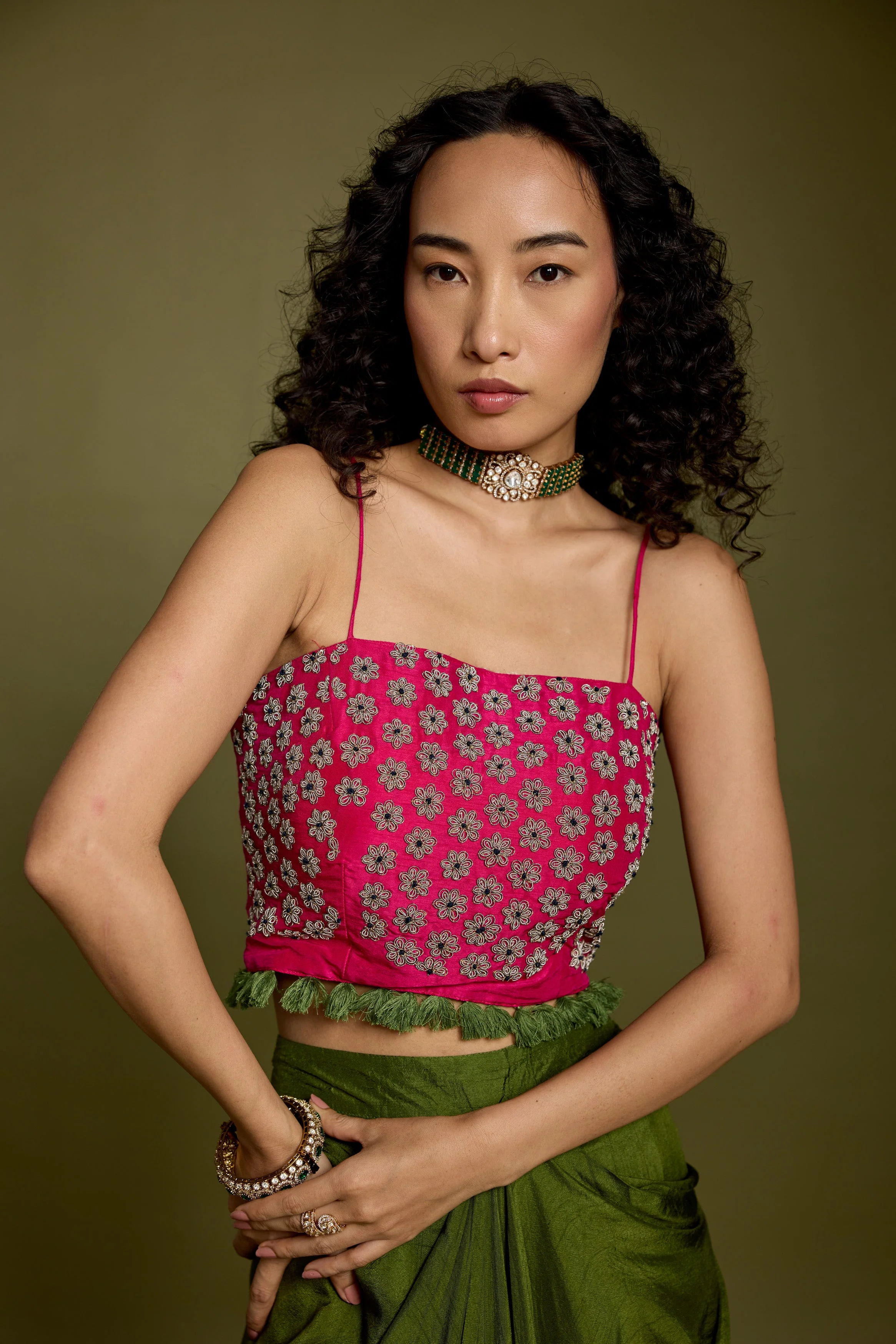 Bold Pink Embellished Raw Silk Drape Skirt With Jacket - Image 4