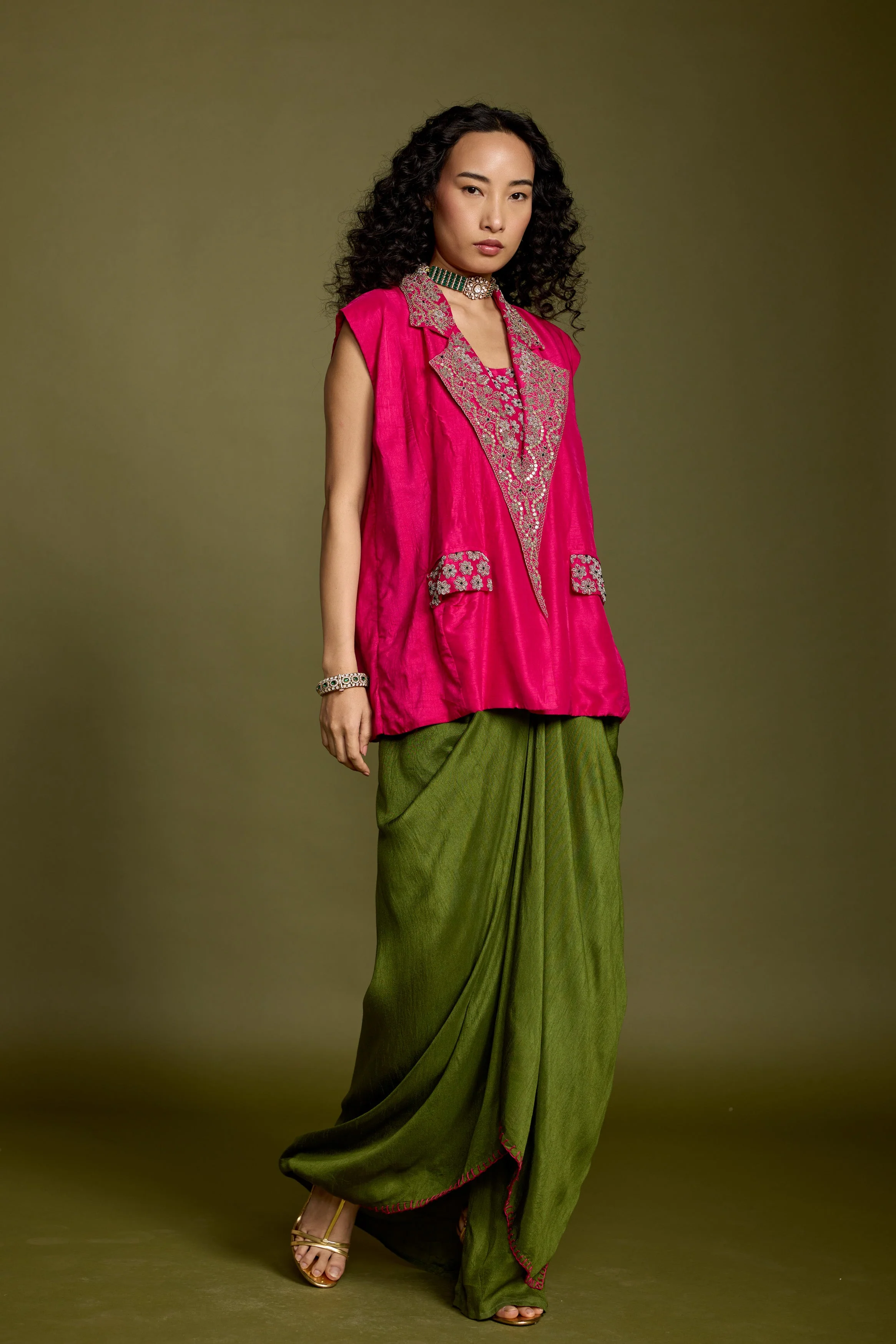 Bold Pink Embellished Raw Silk Drape Skirt With Jacket - Image 5