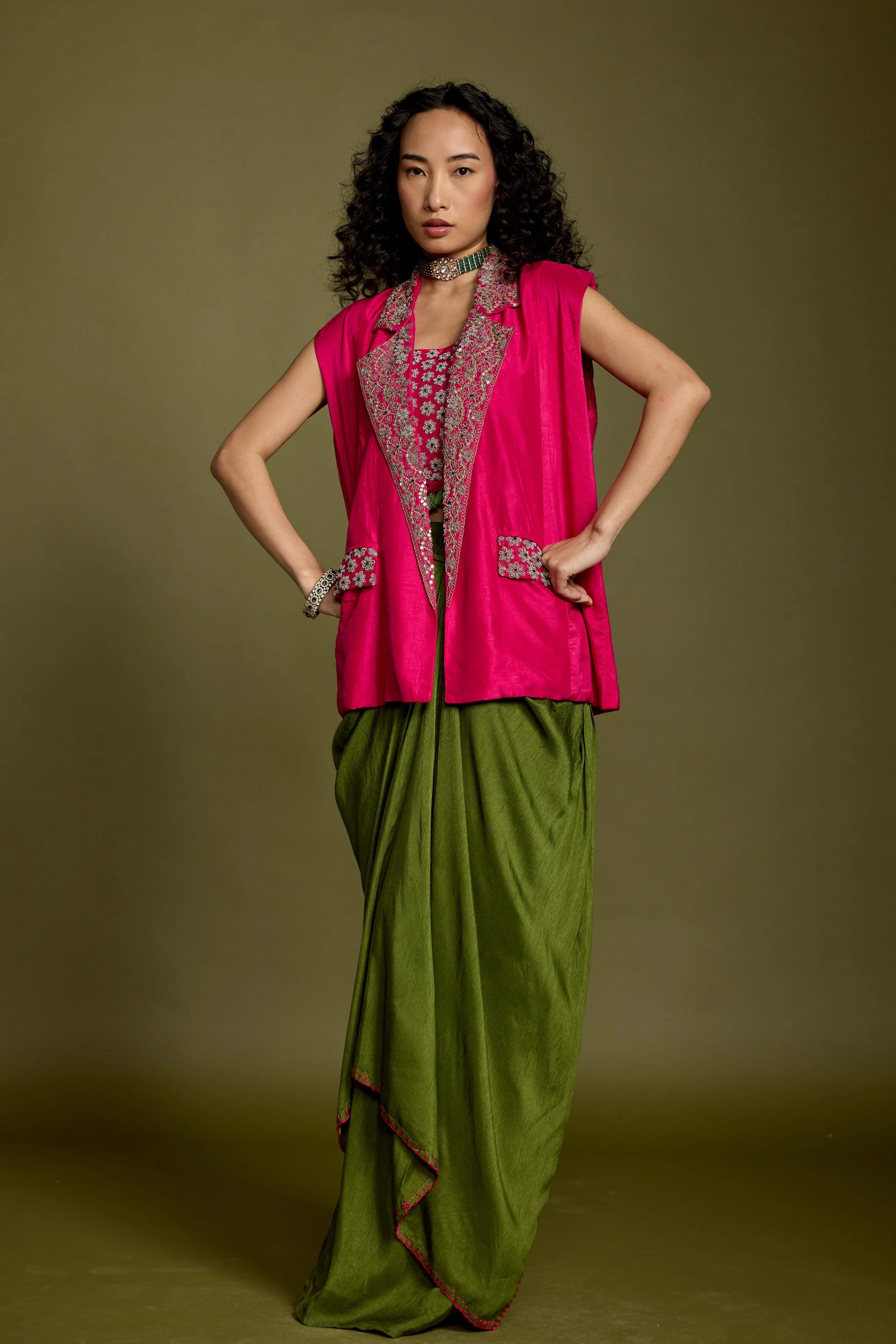 Bold Pink Embellished Raw Silk Drape Skirt With Jacket - Image 6
