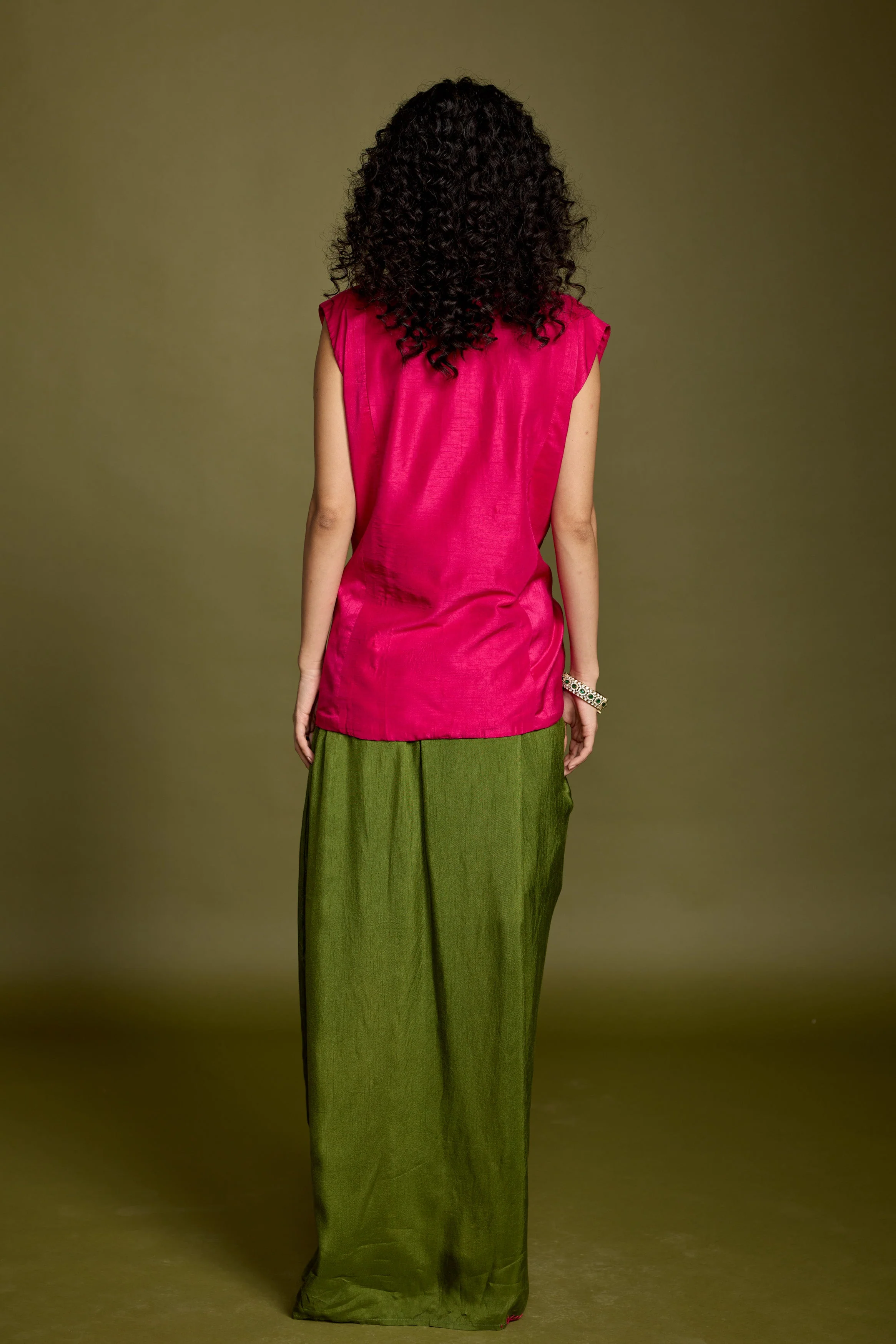 Bold Pink Embellished Raw Silk Drape Skirt With Jacket - Image 7