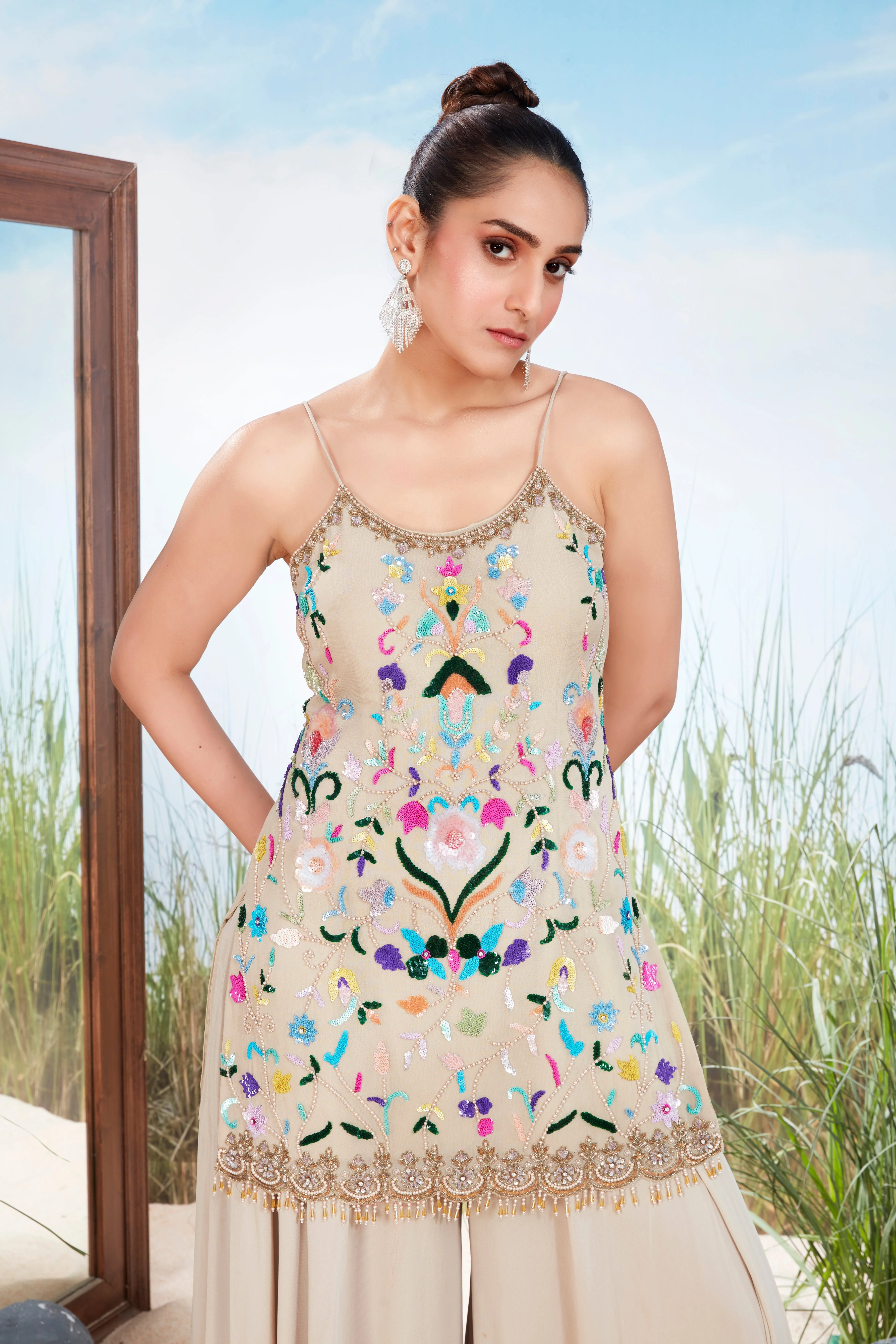 Nude Beige Embellished Georgette Silk Palazzo Set - Image 2