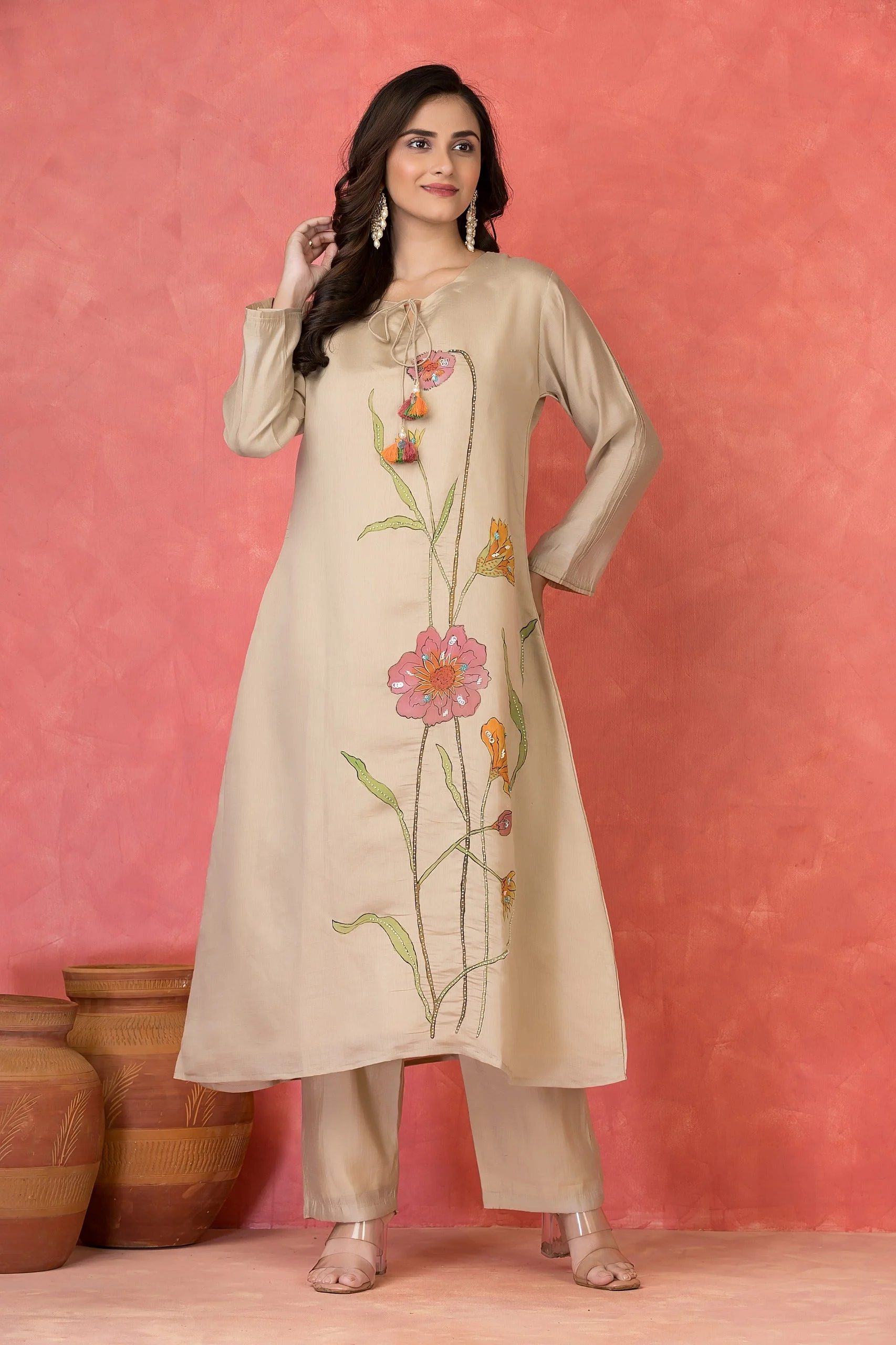 Light Beige Embellished Premium Silk Kurta Set - Image 2
