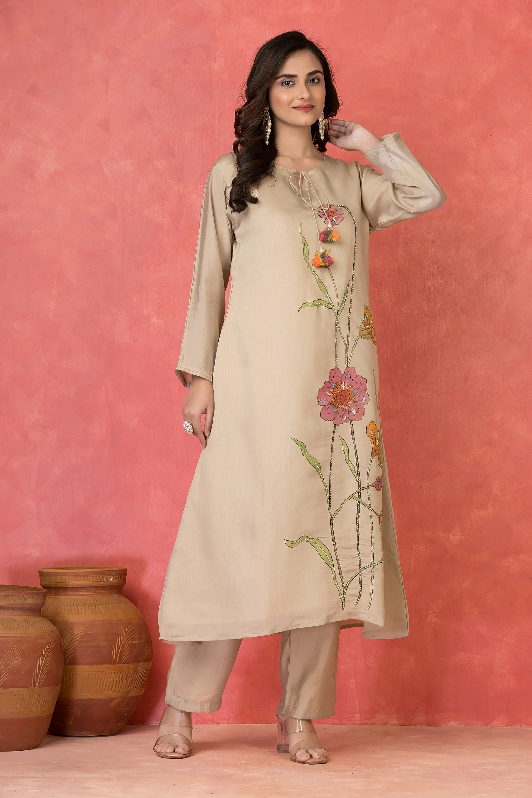 Light Beige Embellished Premium Silk Kurta Set - Image 3