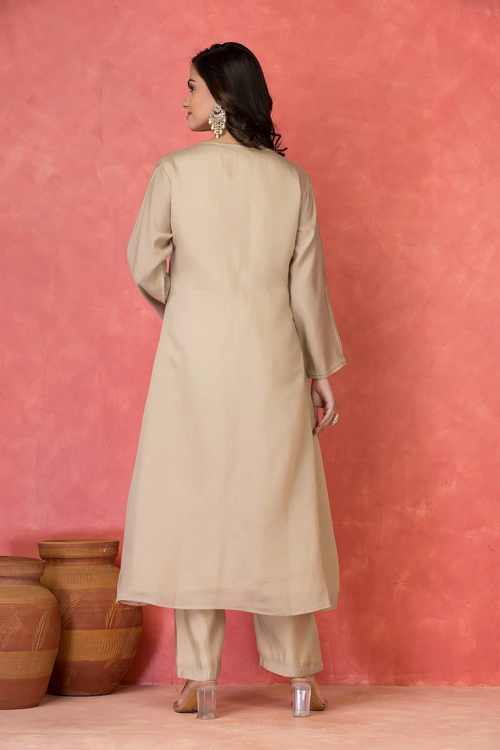 Light Beige Embellished Premium Silk Kurta Set - Image 4