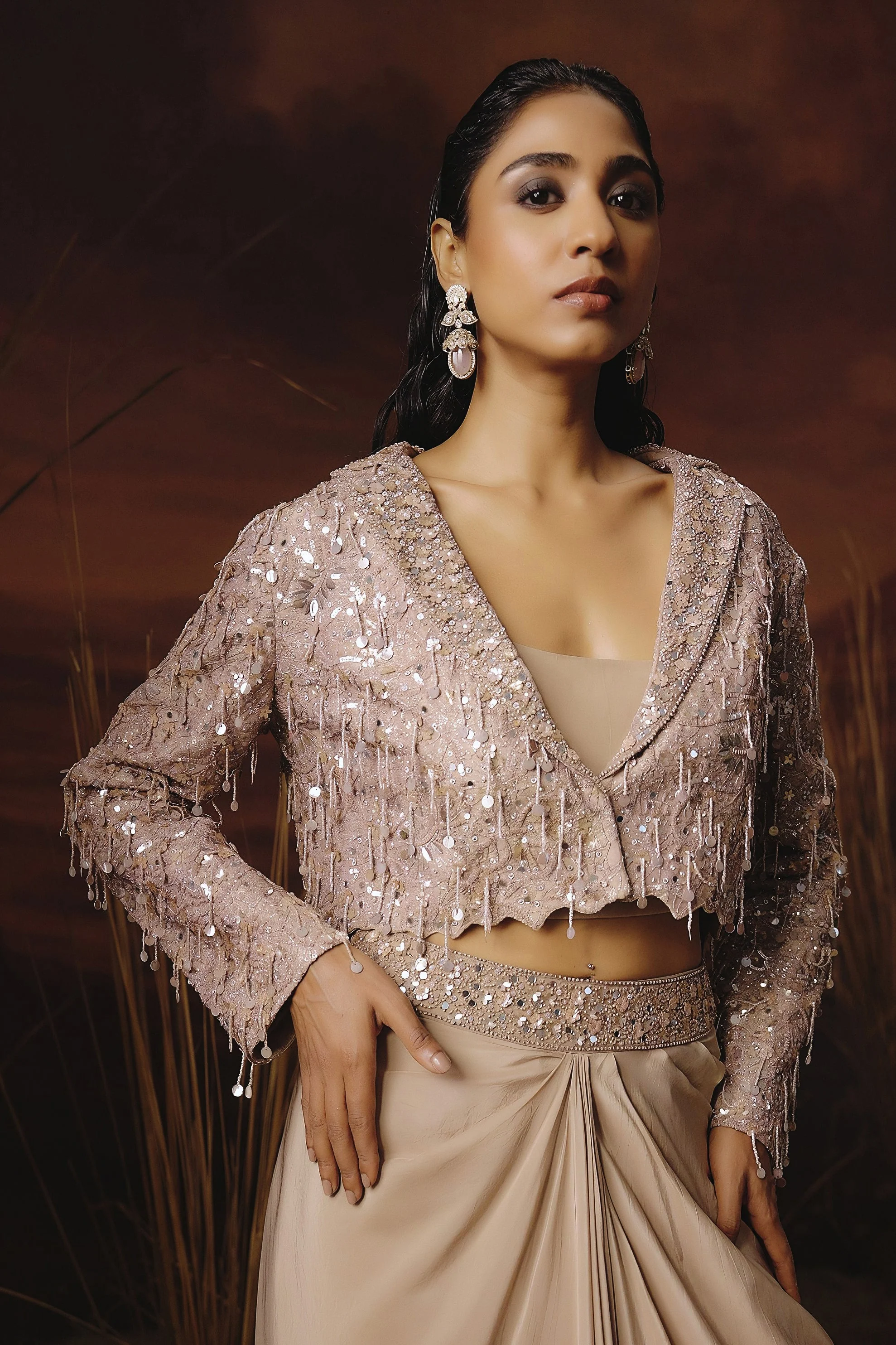 Light Beige Embellished Satin Silk Drape Skirt With Jacket - Image 2