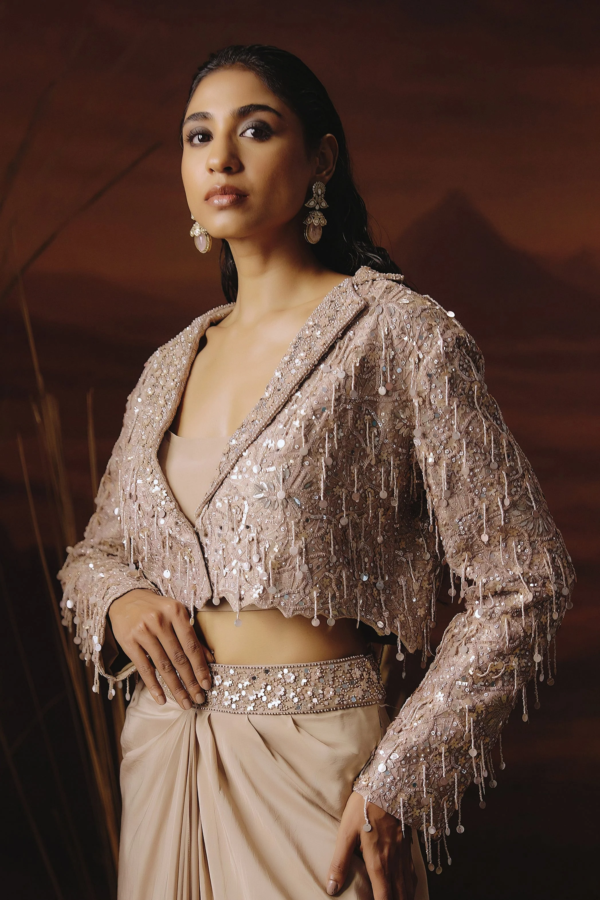Light Beige Embellished Satin Silk Drape Skirt With Jacket - Image 4