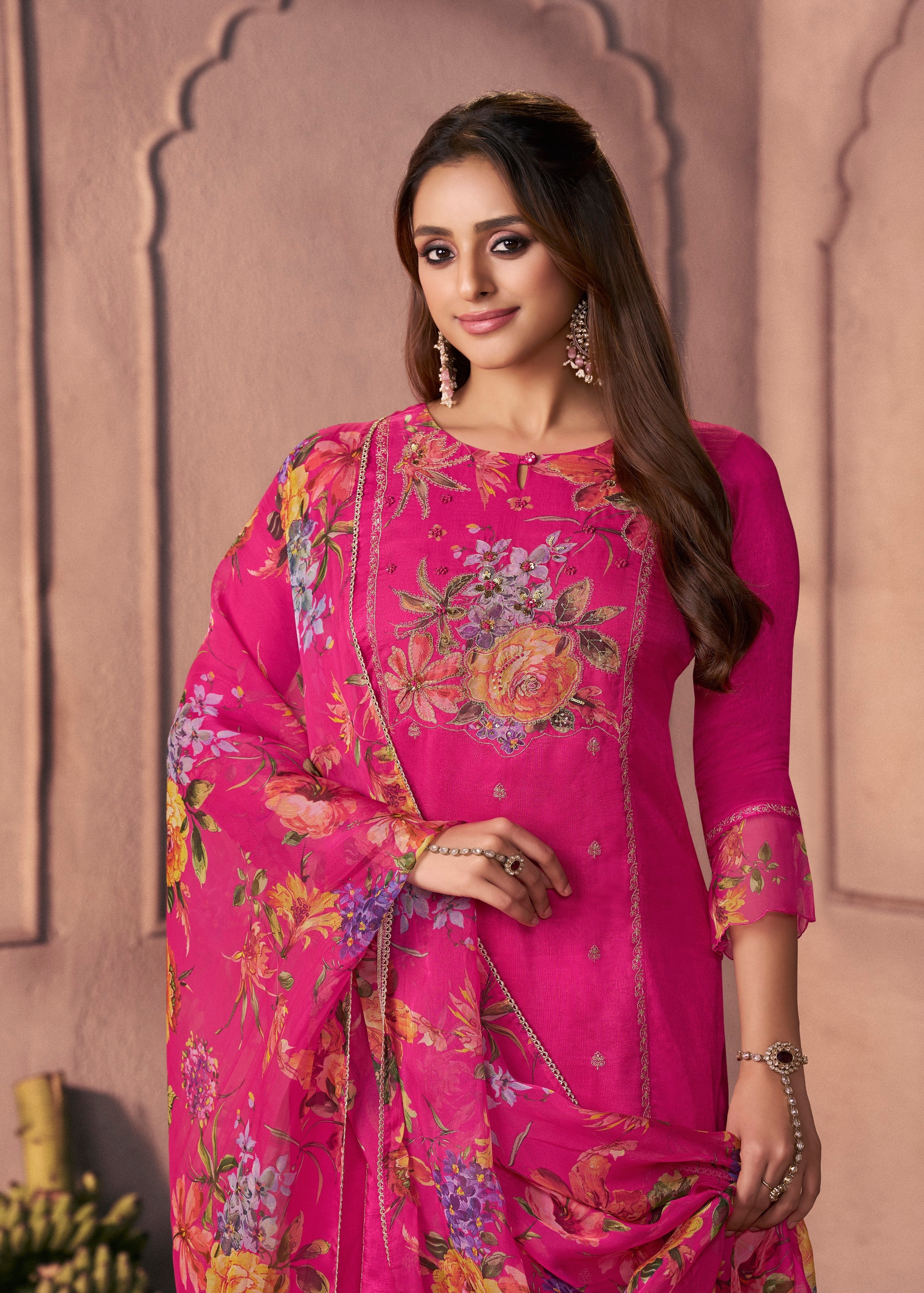 Ruby Pink Printed Dola Silk Pant Set - Image 2