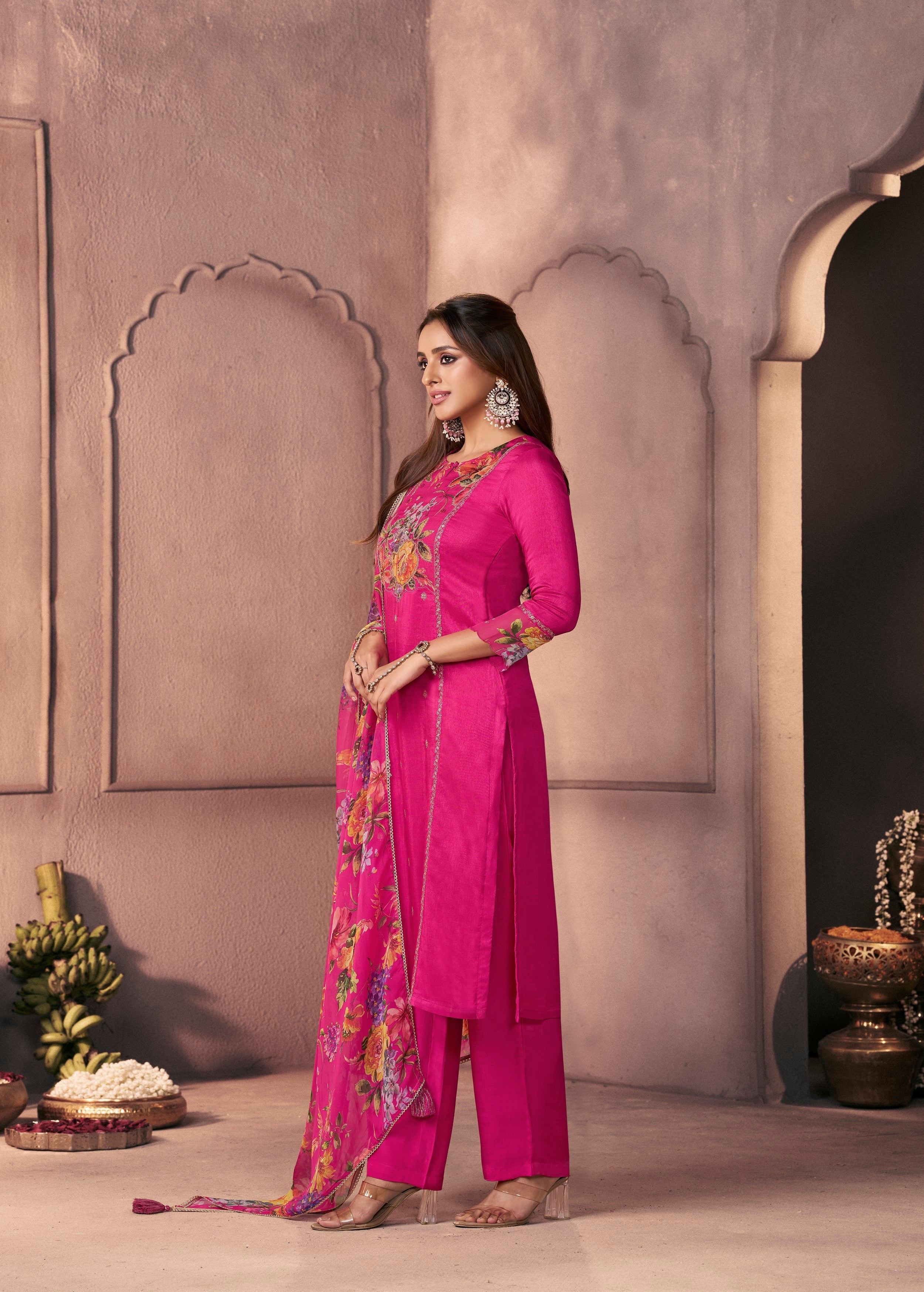 Ruby Pink Printed Dola Silk Pant Set - Image 3
