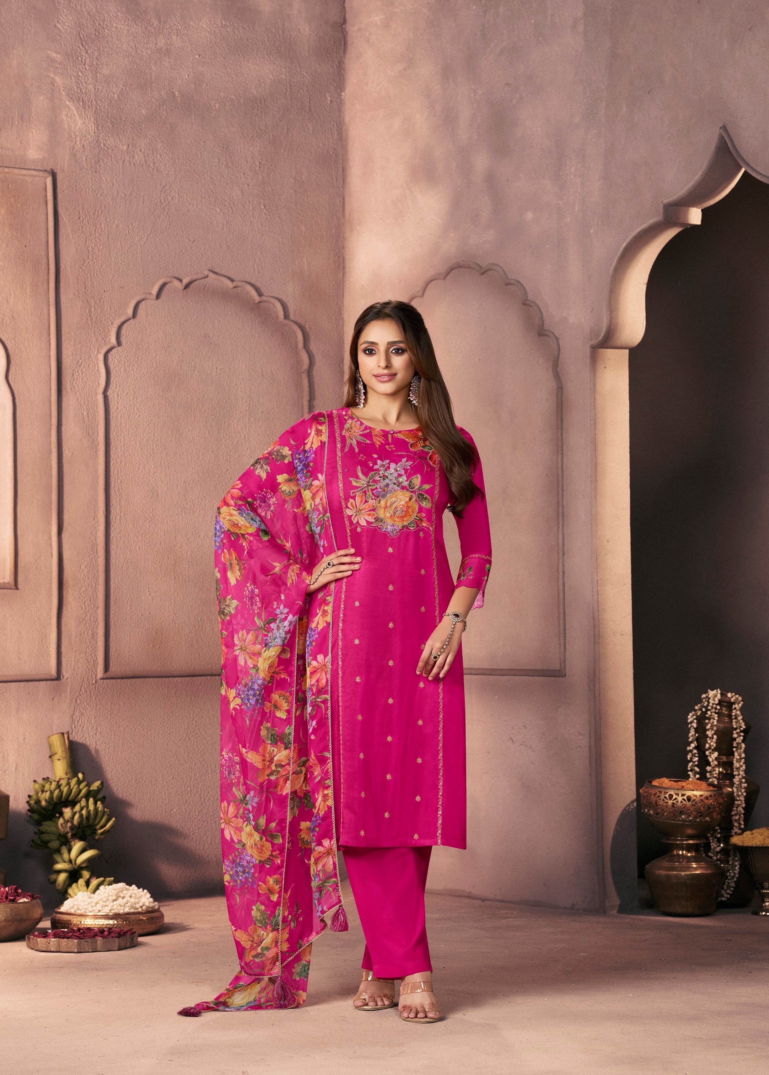 Ruby Pink Printed Dola Silk Pant Set - Image 4