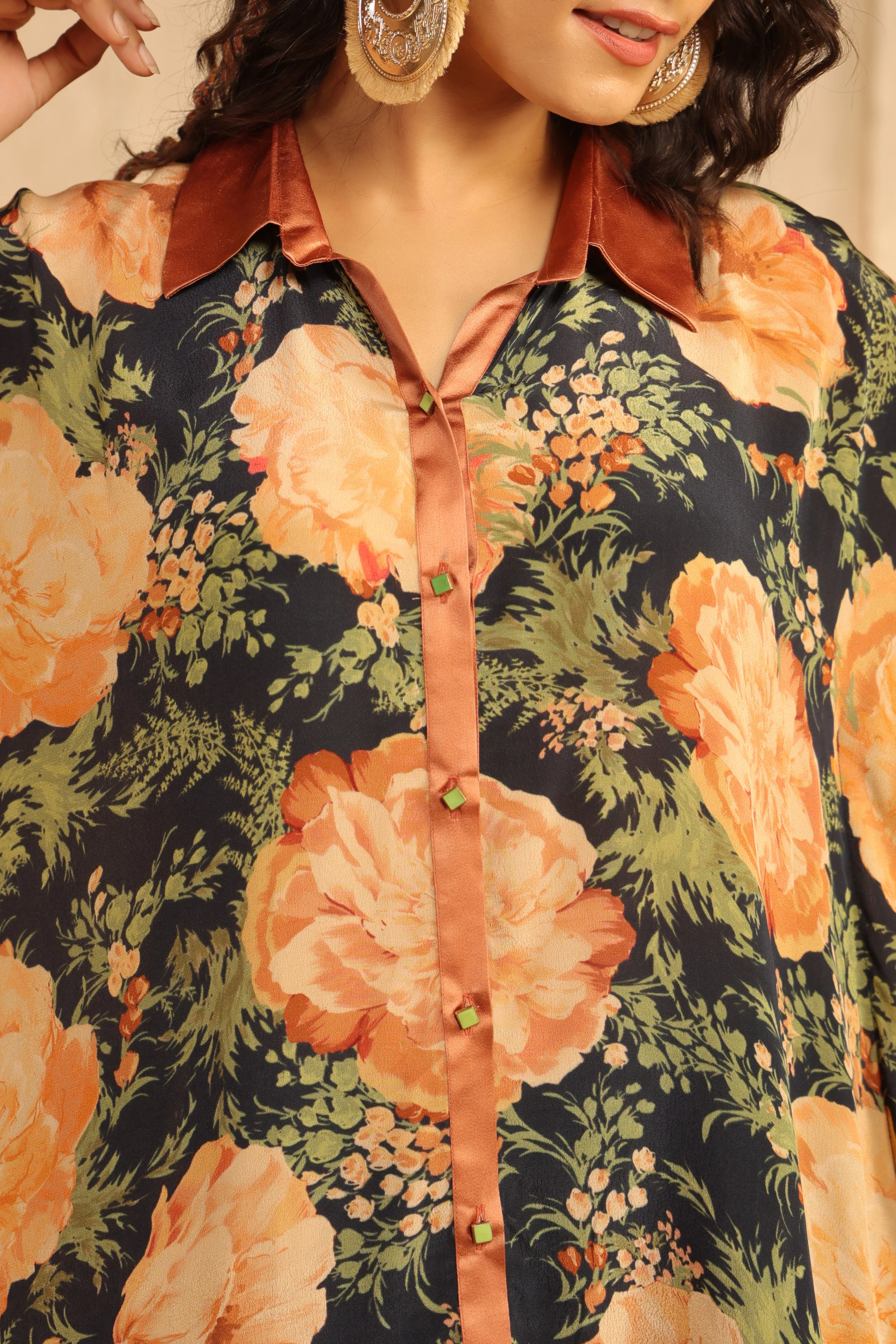 Charcoal Black Printed Viscose Crepe Kaftan Top - Image 2