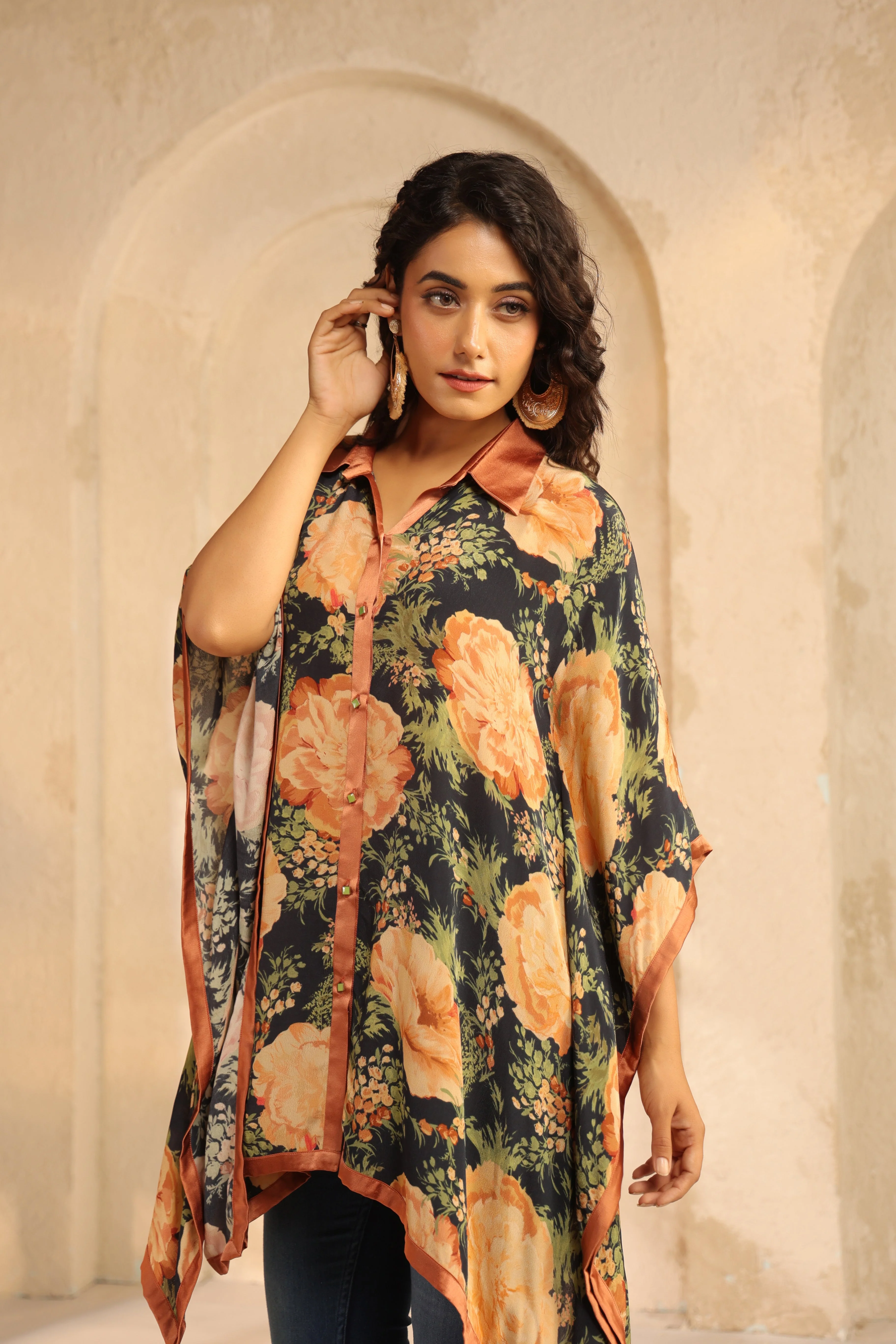 Charcoal Black Printed Viscose Crepe Kaftan Top - Image 3