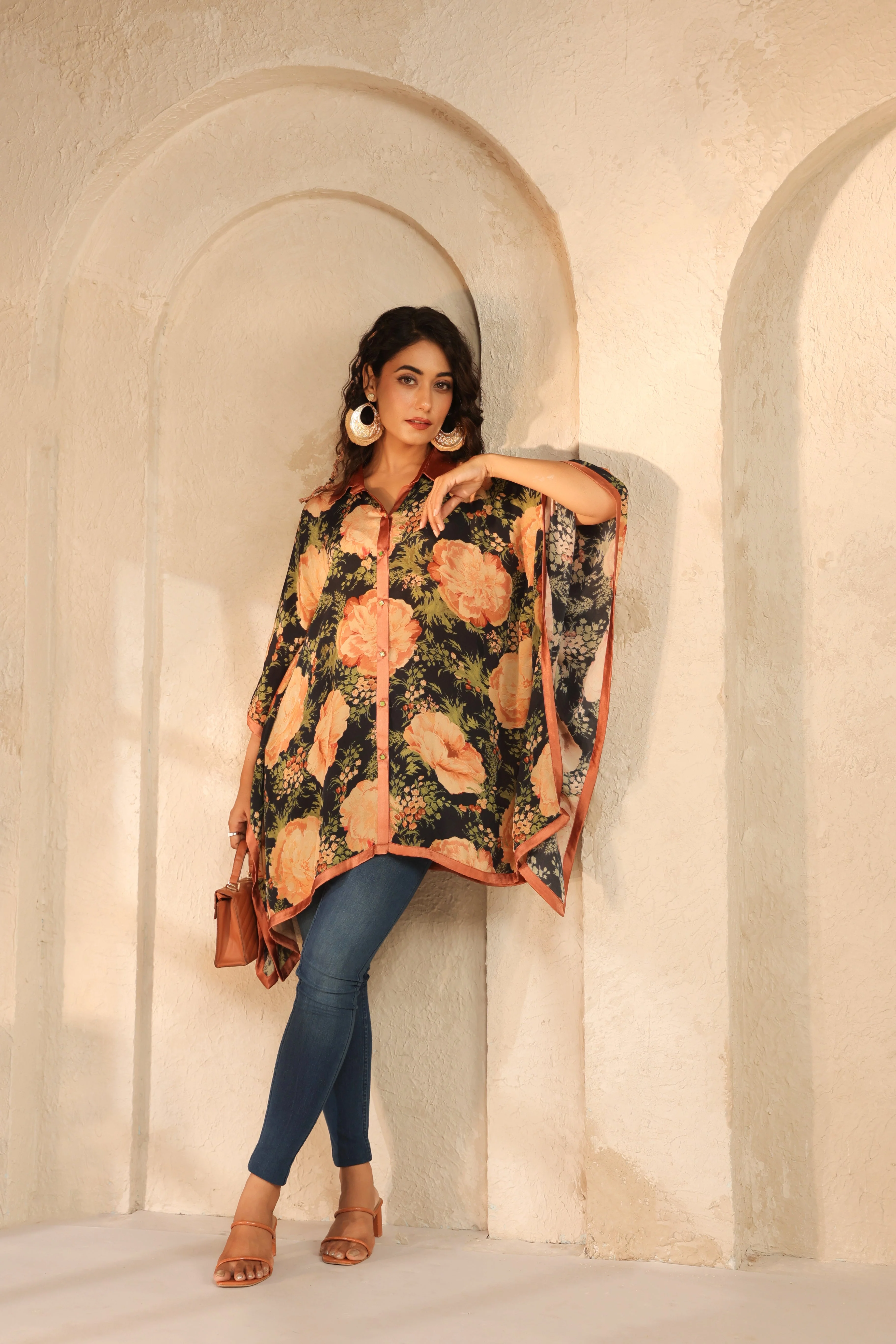 Charcoal Black Printed Viscose Crepe Kaftan Top - Image 4