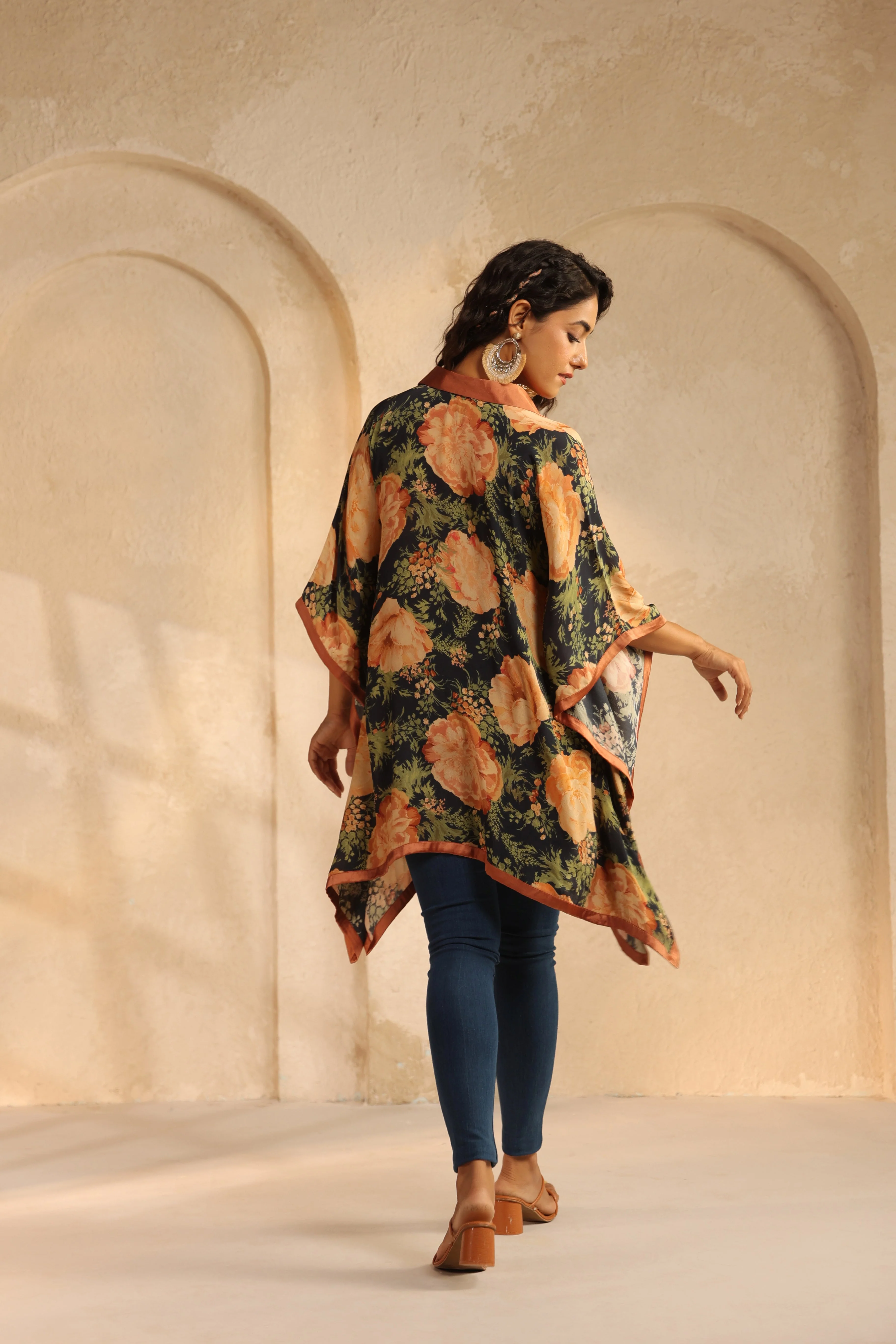 Charcoal Black Printed Viscose Crepe Kaftan Top - Image 5