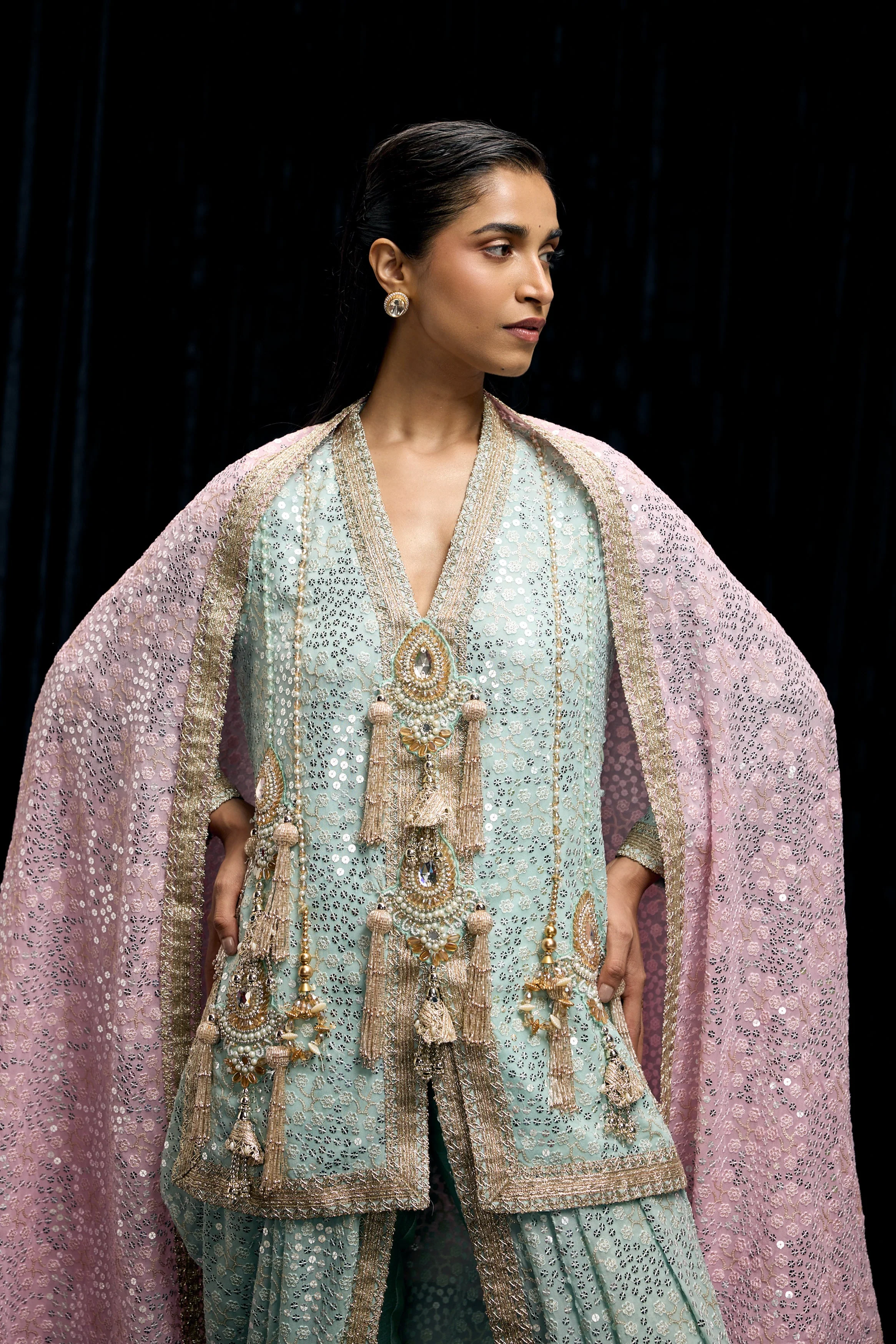 Light Blue Embellished Georgette Silk Drape Skirt Set - Image 3