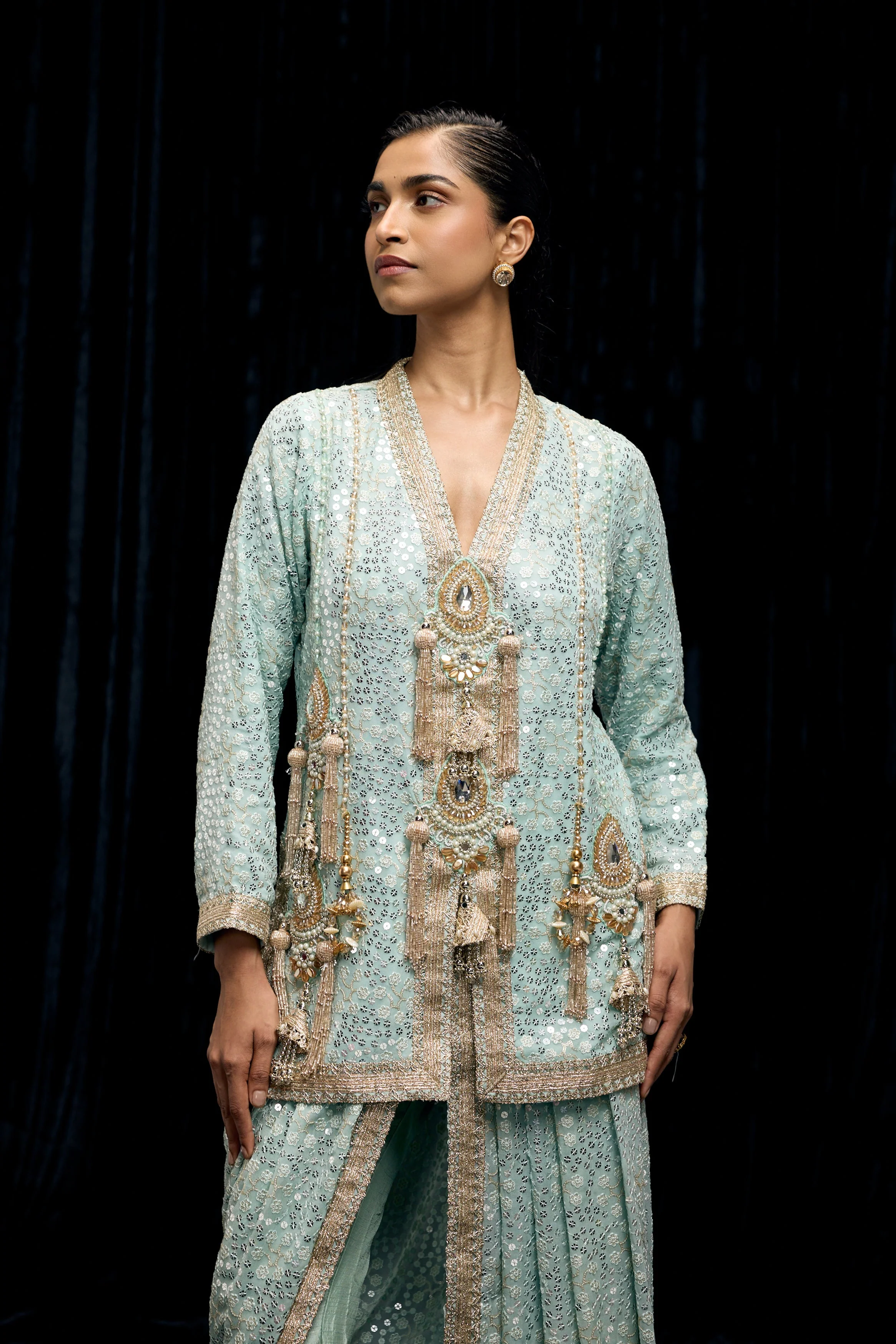 Light Blue Embellished Georgette Silk Drape Skirt Set - Image 4