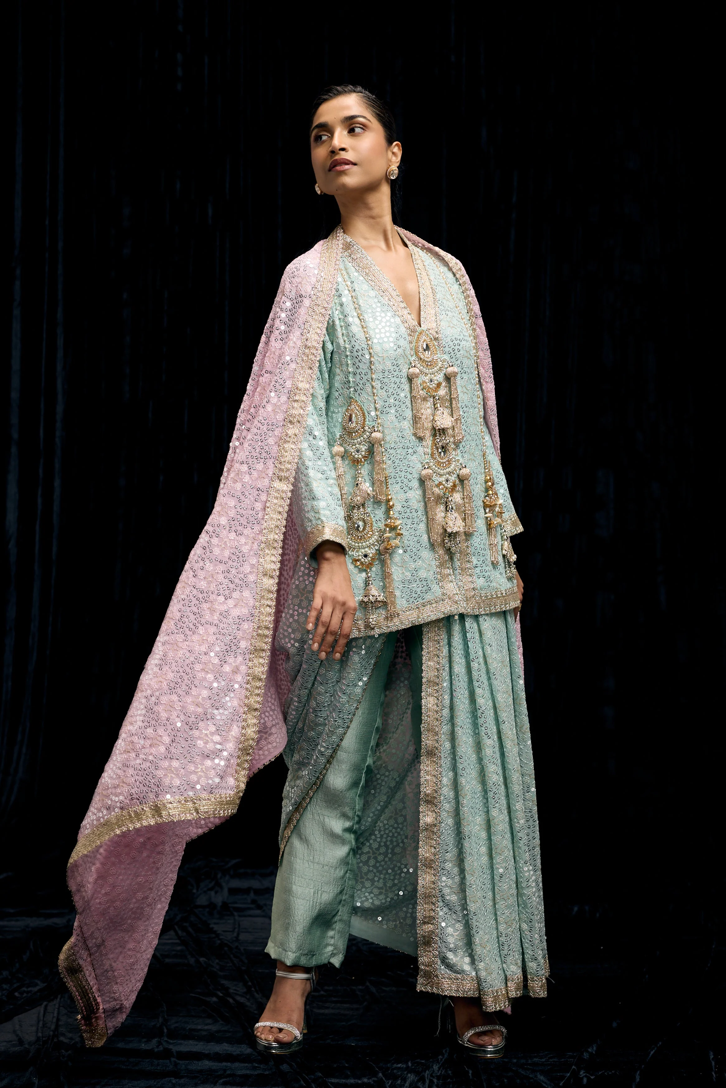 Light Blue Embellished Georgette Silk Drape Skirt Set - Image 5
