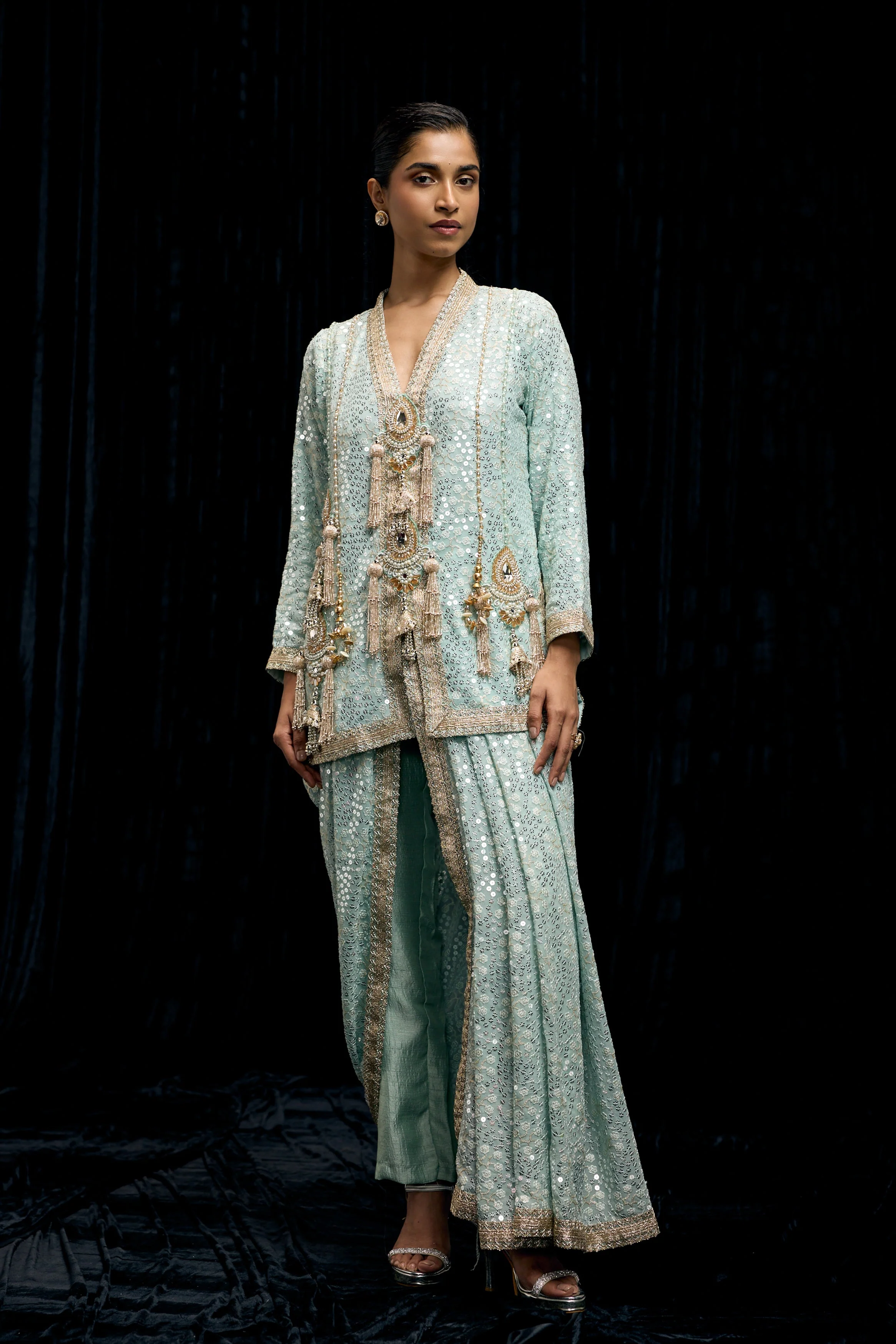 Light Blue Embellished Georgette Silk Drape Skirt Set - Image 6
