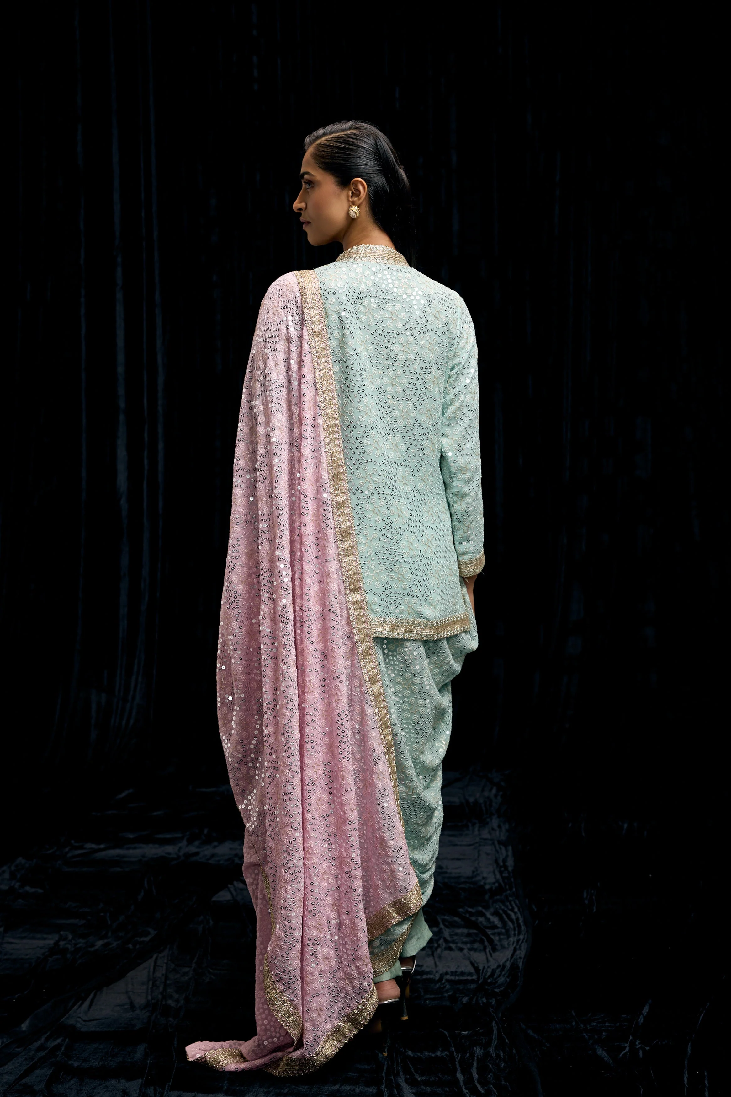 Light Blue Embellished Georgette Silk Drape Skirt Set - Image 7