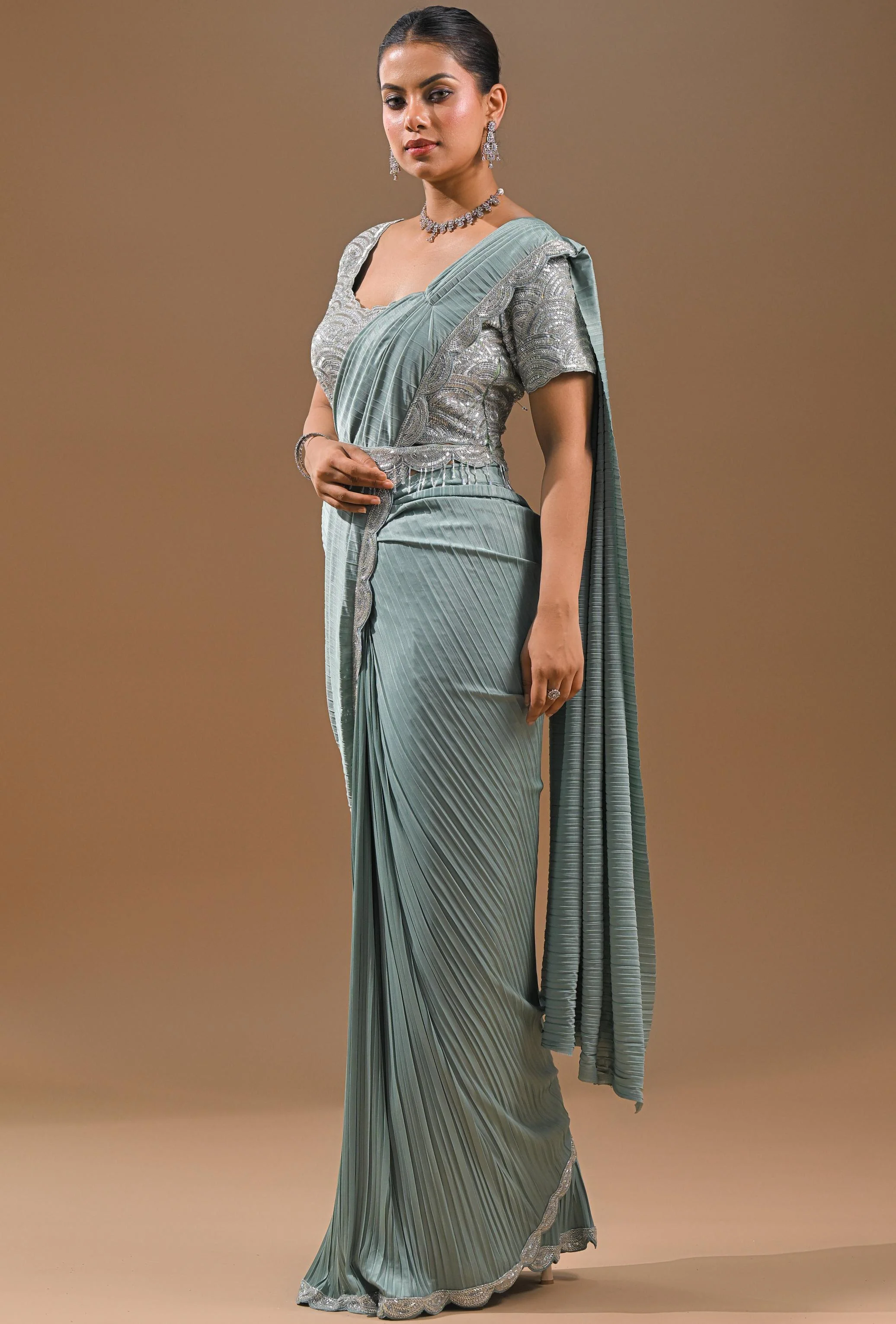 Light Blue Embellished Pleated Saree - Image 2