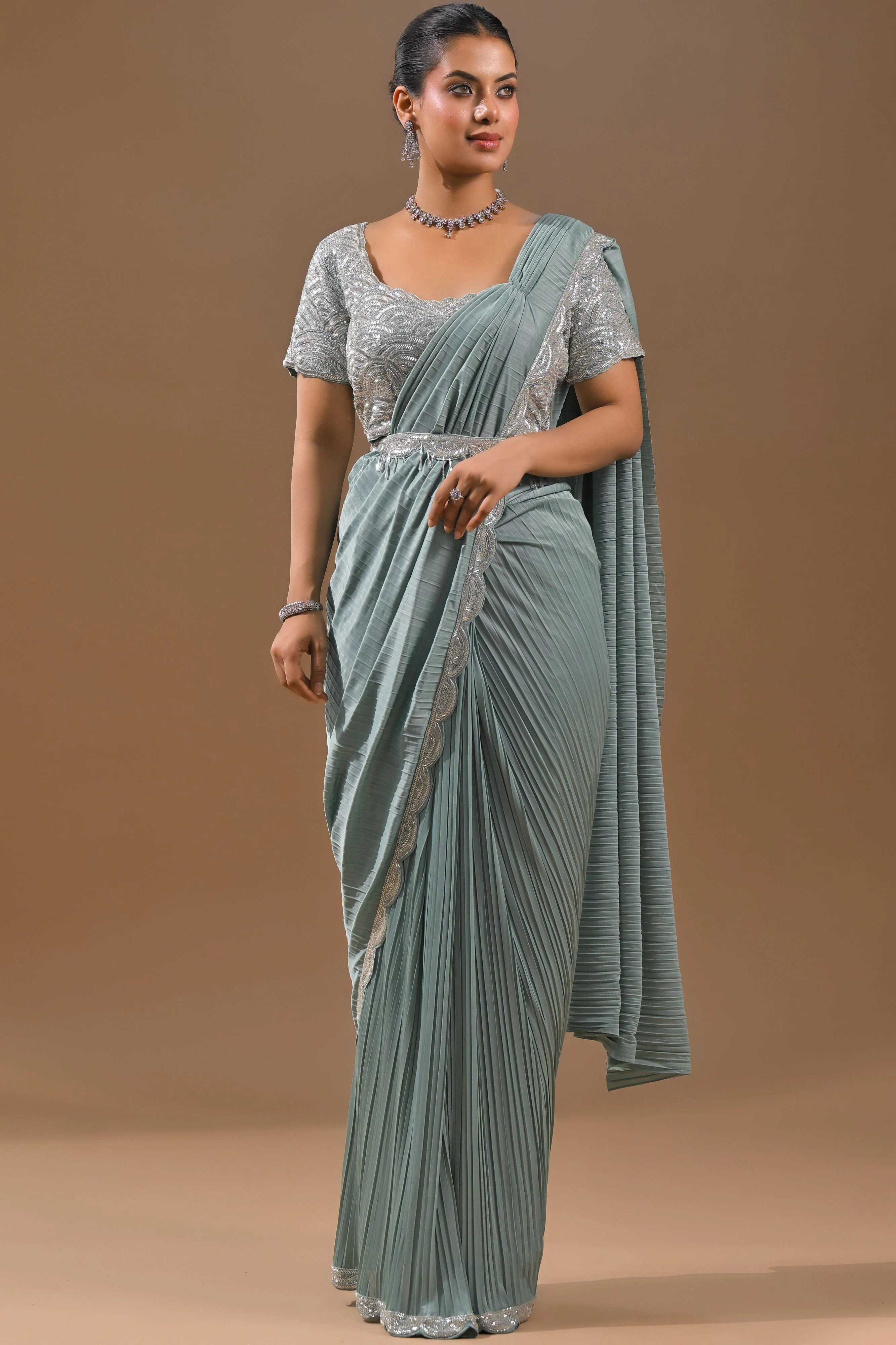 Light Blue Embellished Pleated Saree - Image 3