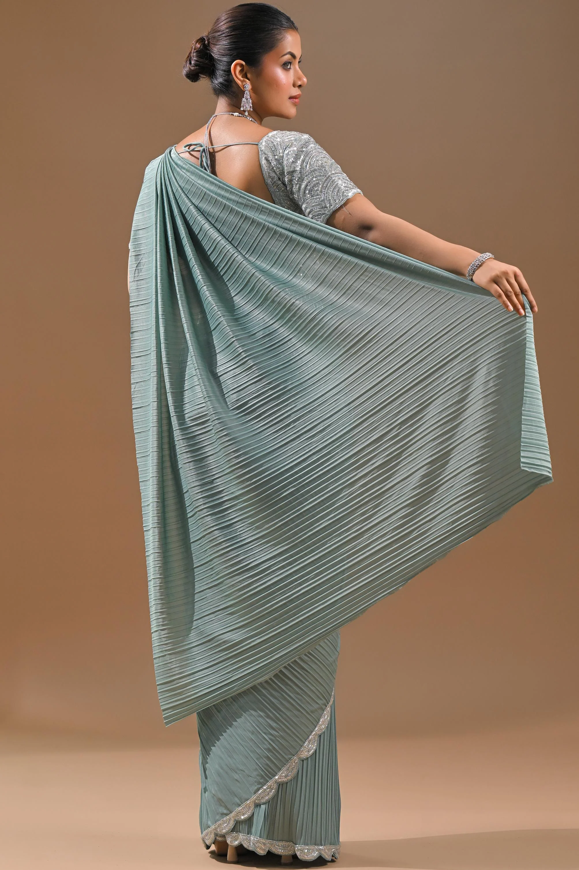 Light Blue Embellished Pleated Saree - Image 4
