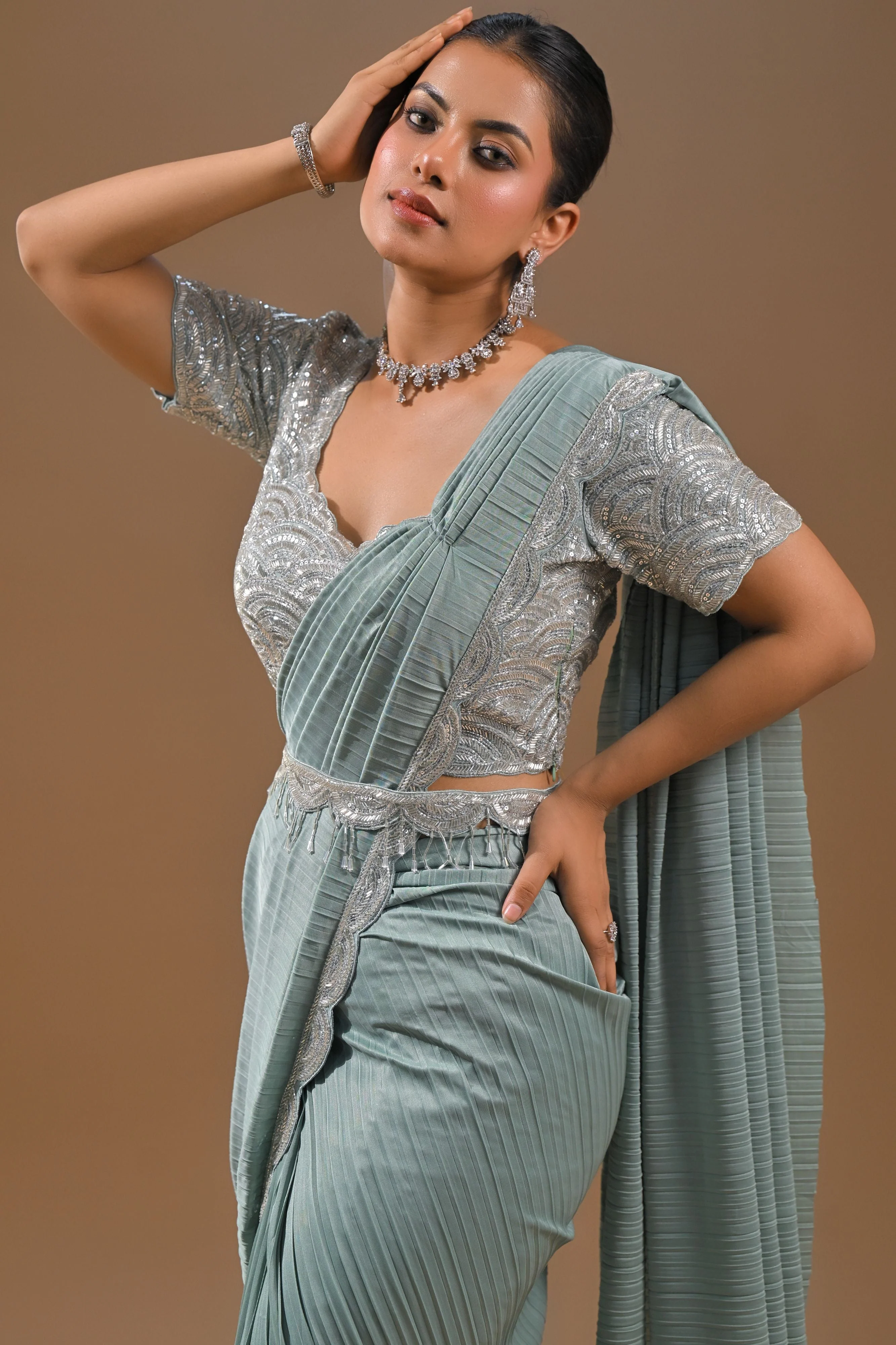 Light Blue Embellished Pleated Saree - Image 5