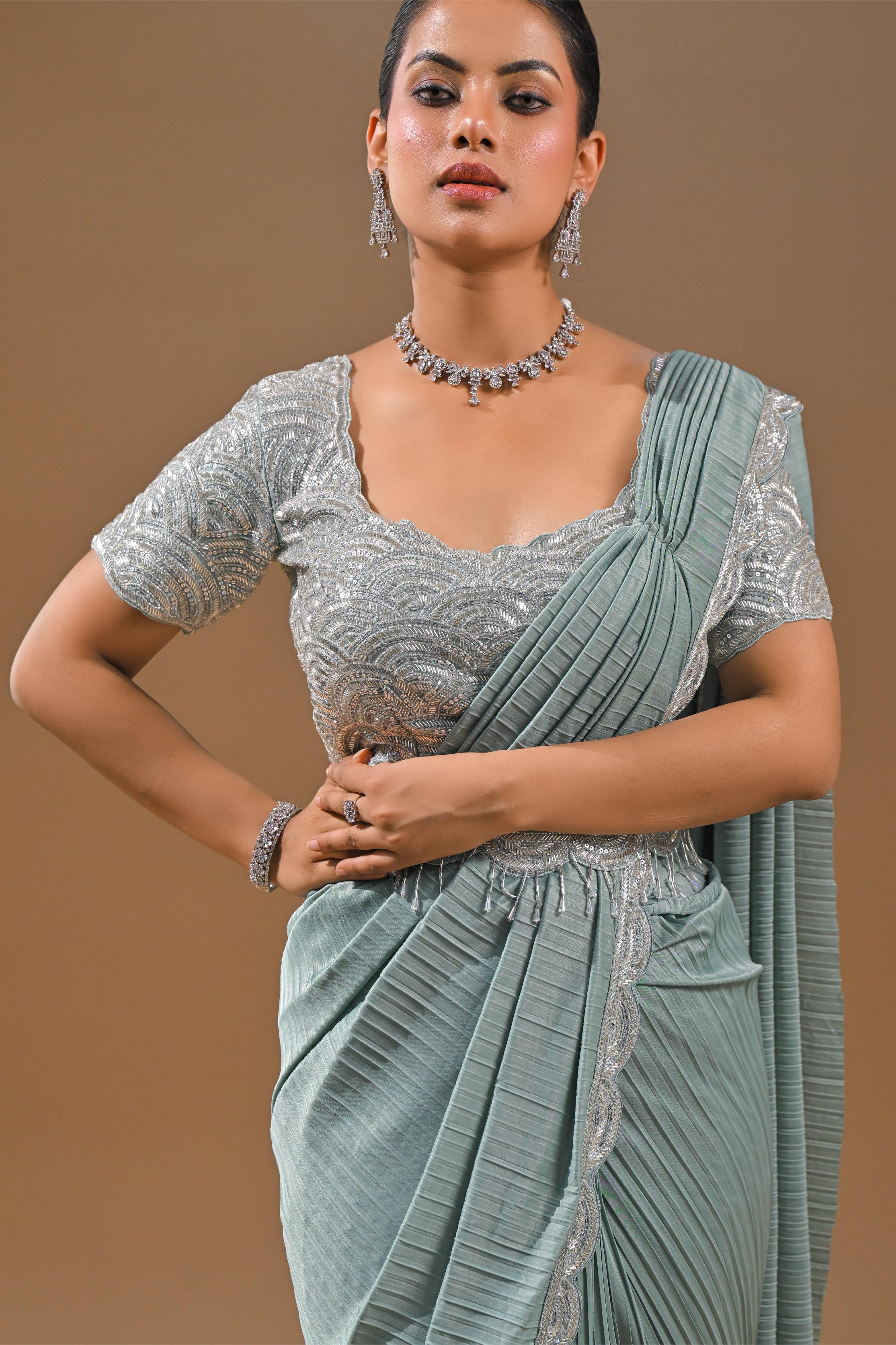 Light Blue Embellished Pleated Saree - Image 6