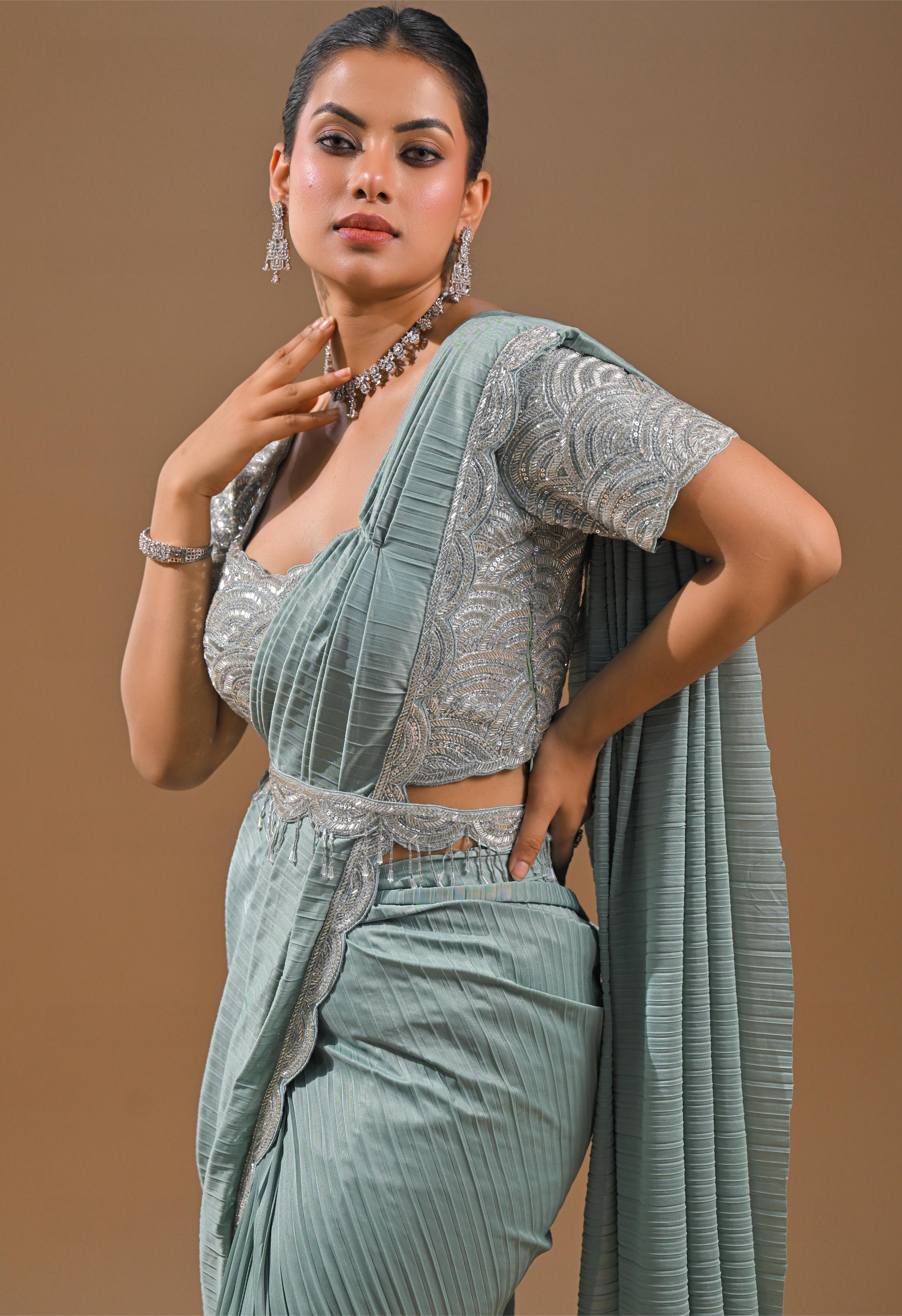 Light Blue Embellished Pleated Saree - Image 7