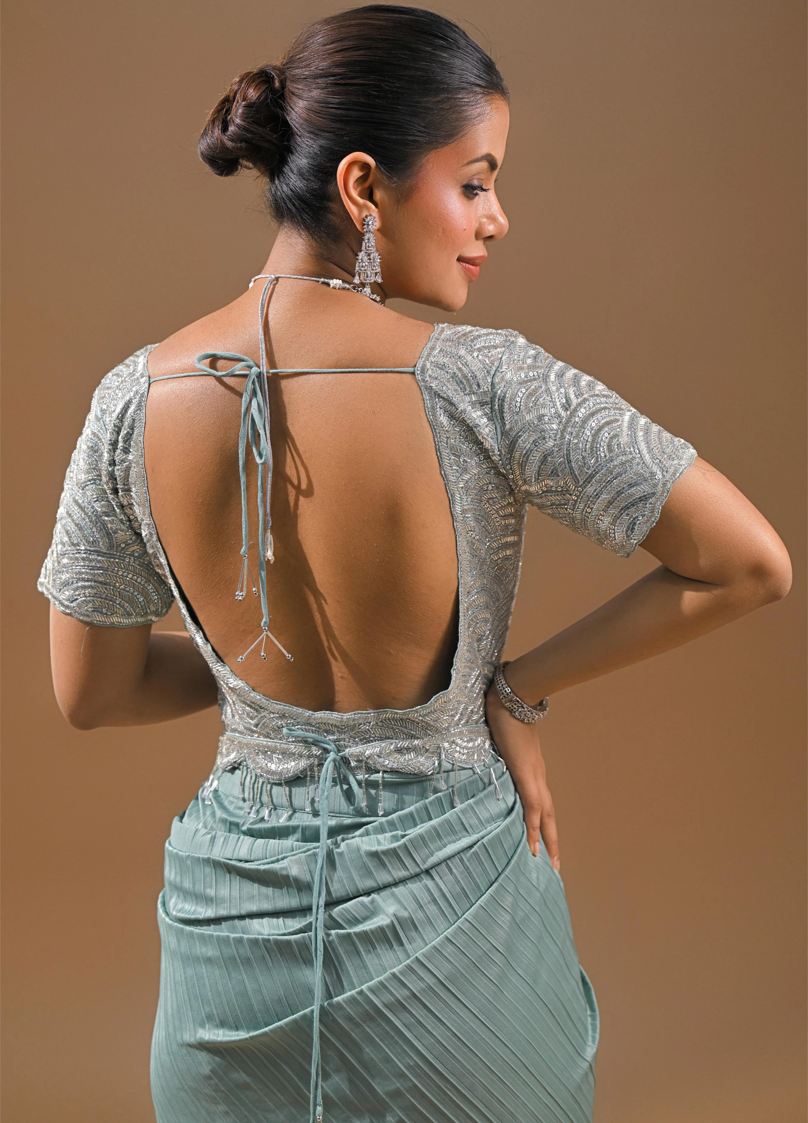 Light Blue Embellished Pleated Saree - Image 9