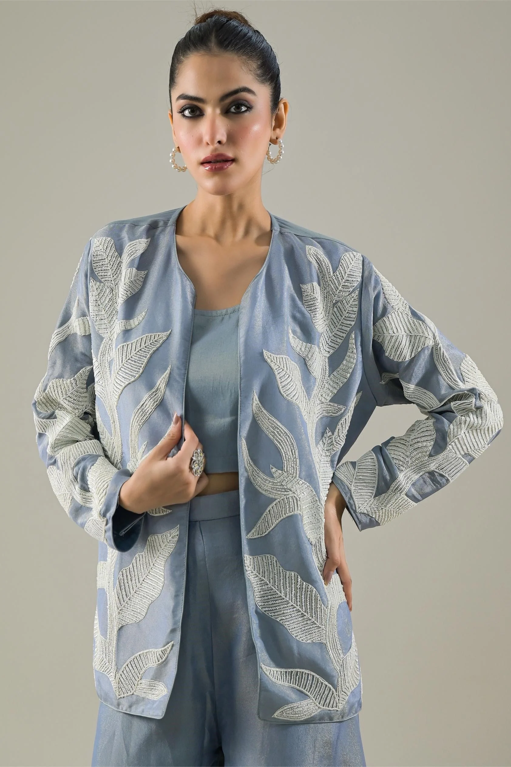 Light Blue Embroidered Shimmer Silk Jacket & Palazzo Set - Image 2