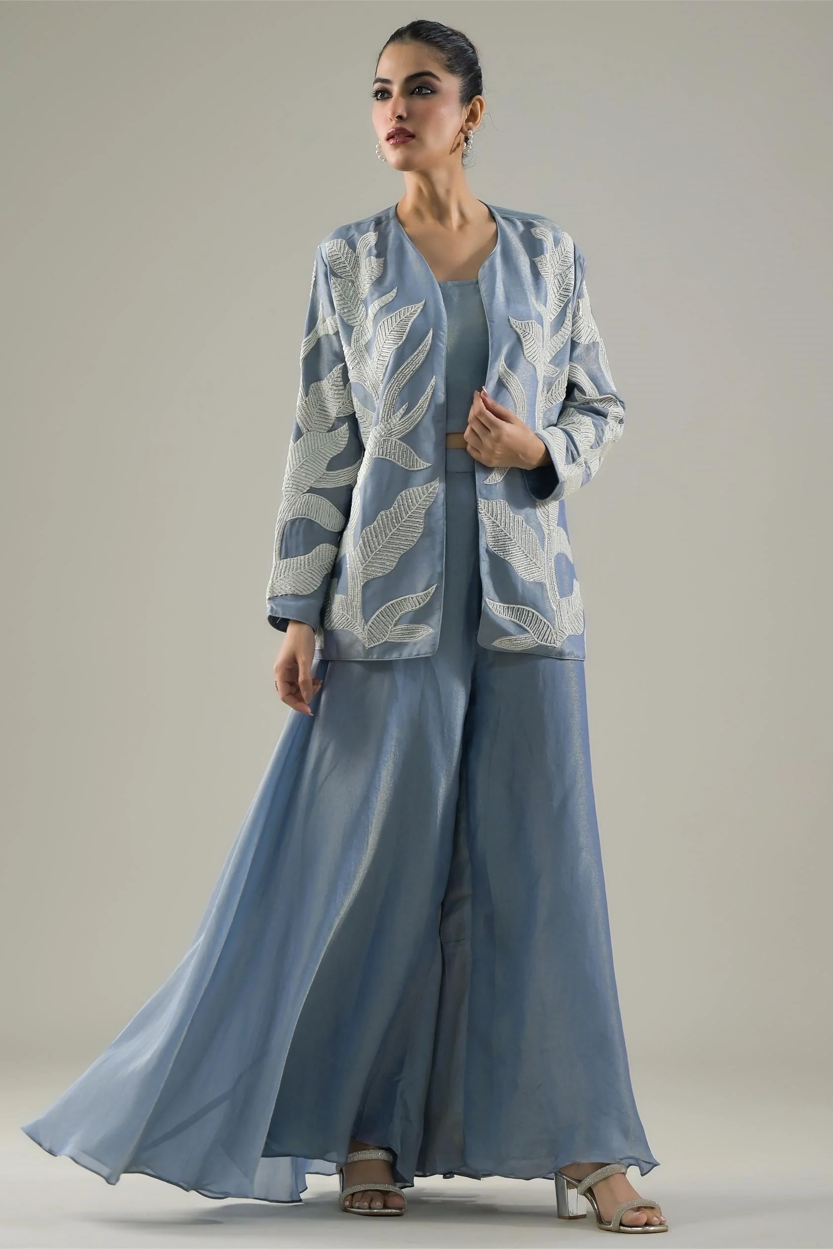 Light Blue Embroidered Shimmer Silk Jacket & Palazzo Set - Image 3