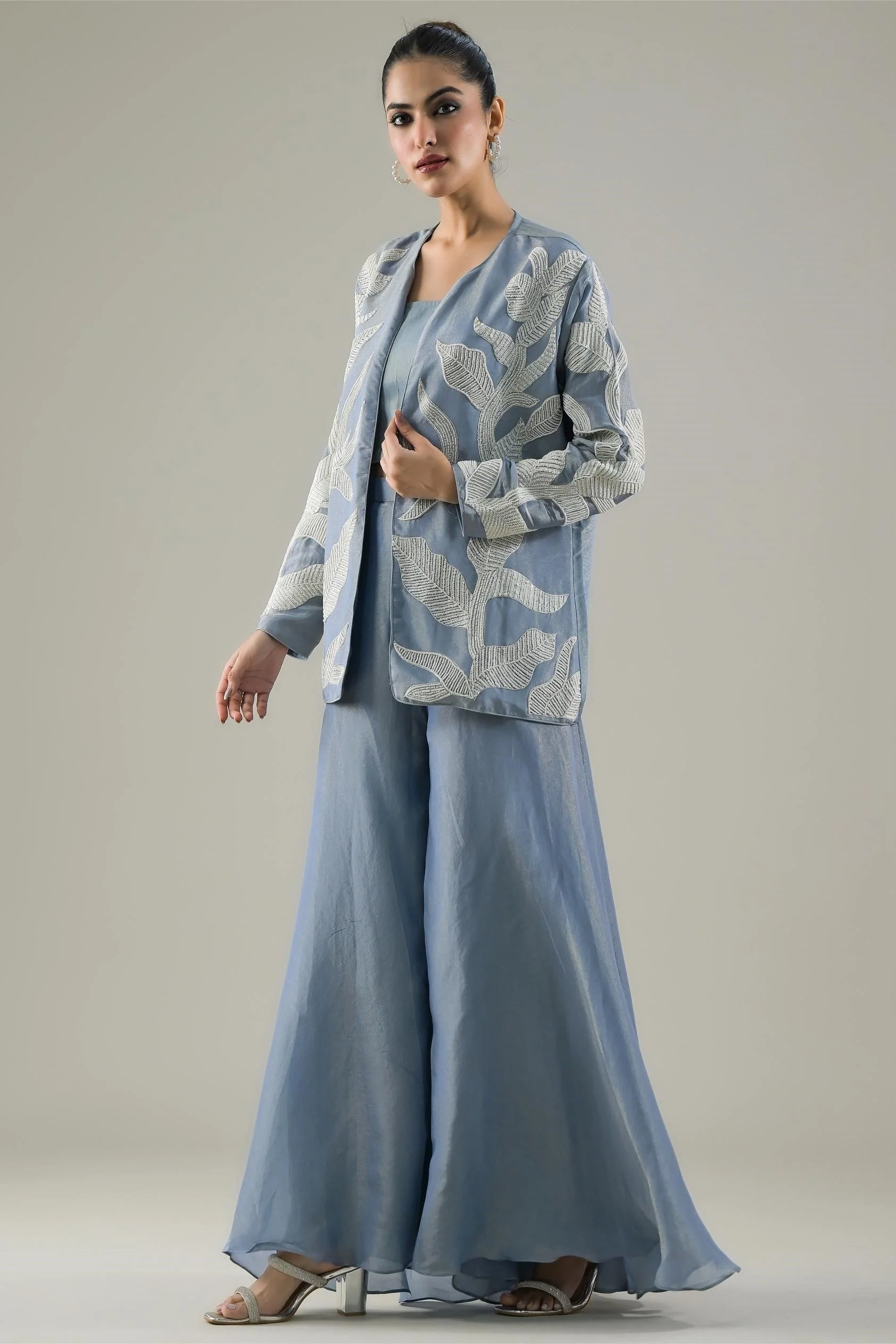Light Blue Embroidered Shimmer Silk Jacket & Palazzo Set - Image 4