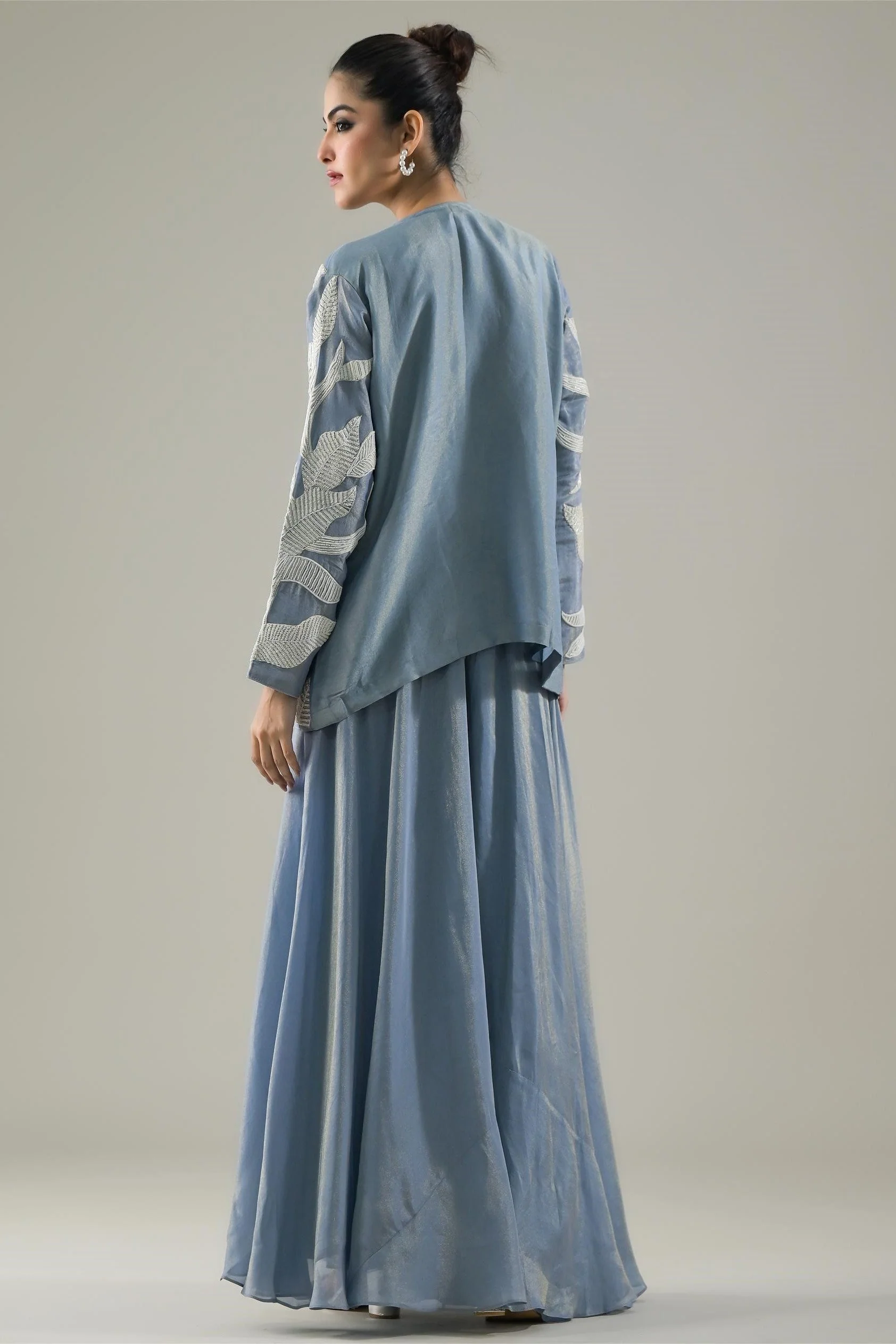 Light Blue Embroidered Shimmer Silk Jacket & Palazzo Set - Image 5