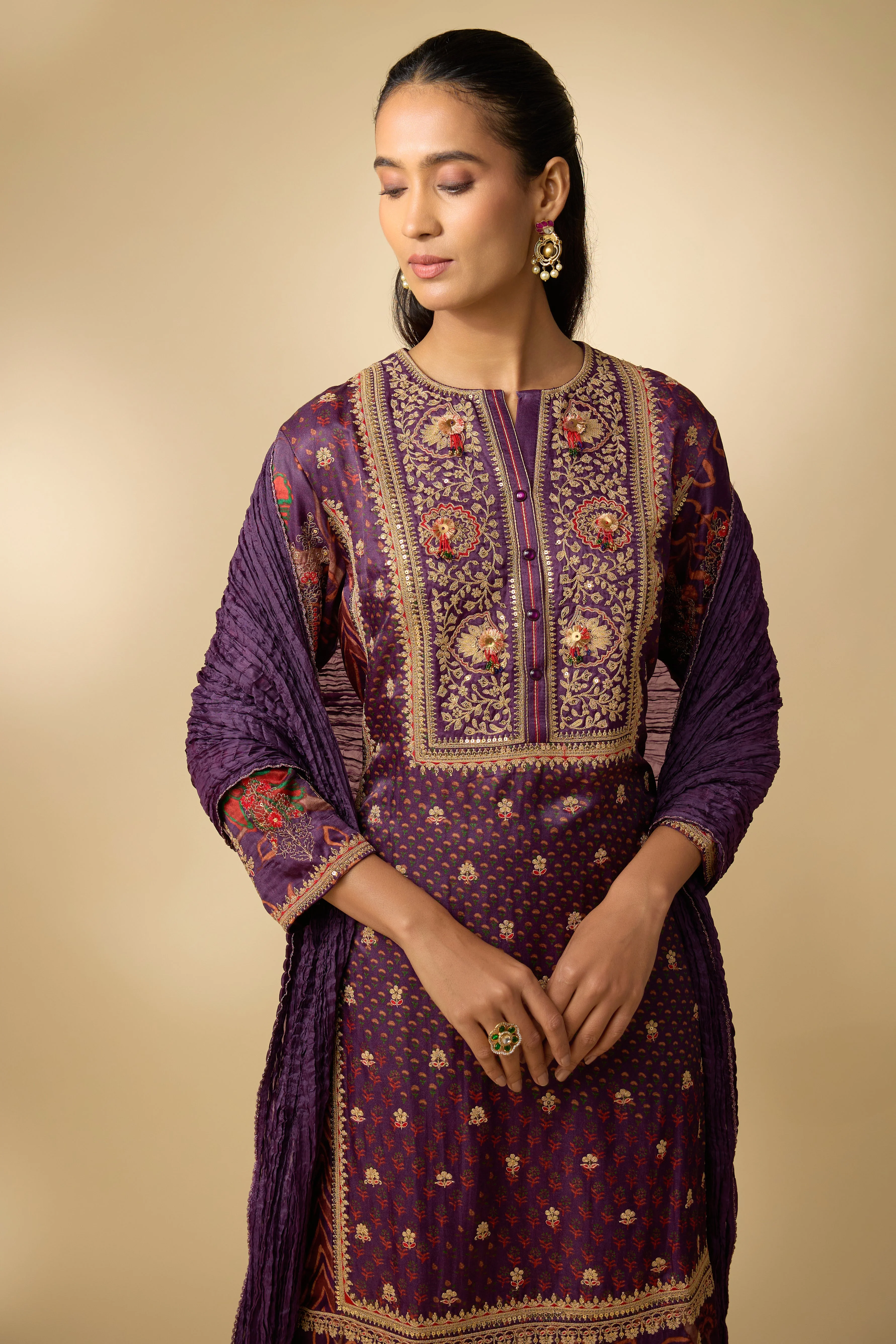 Purple Embellished Slub Silk Palazzo Set - Image 2