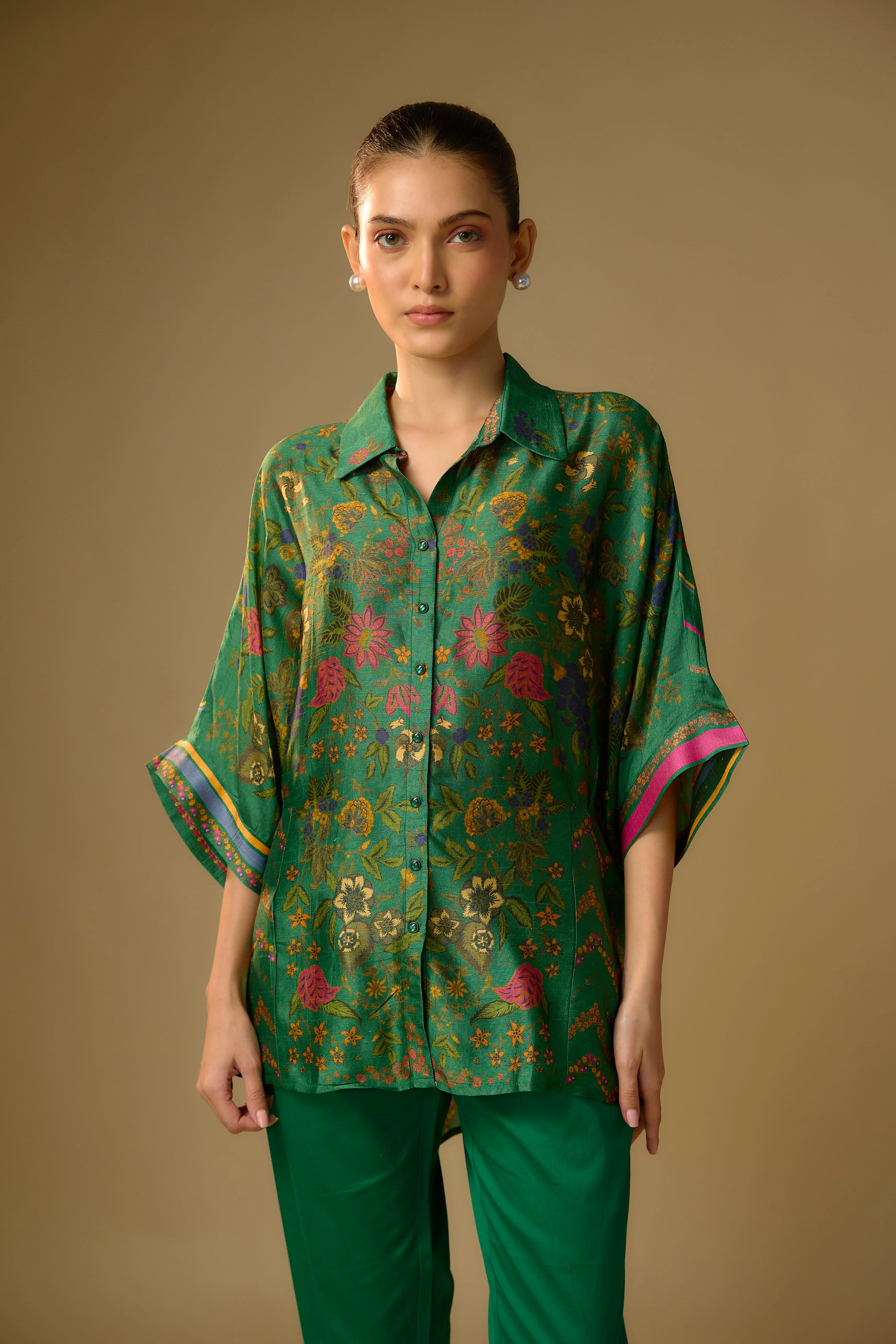 Bottle Green Printed Slub Cotton Silk Tunic Top - Image 2