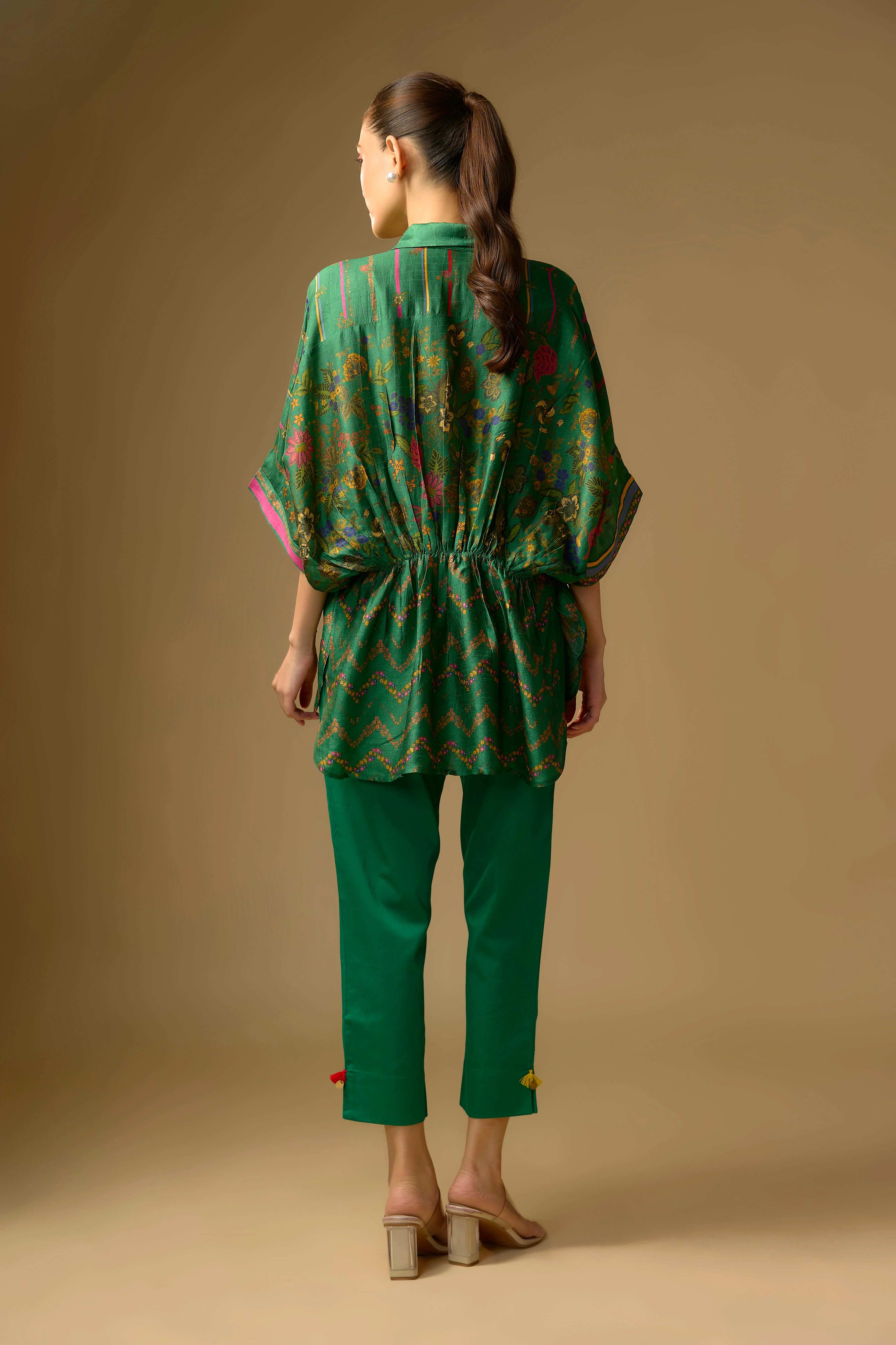 Bottle Green Printed Slub Cotton Silk Tunic Top - Image 3