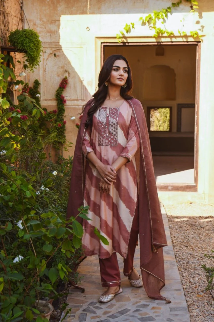 Light Brown Leheriya Embellished Kurta Set - Image 2