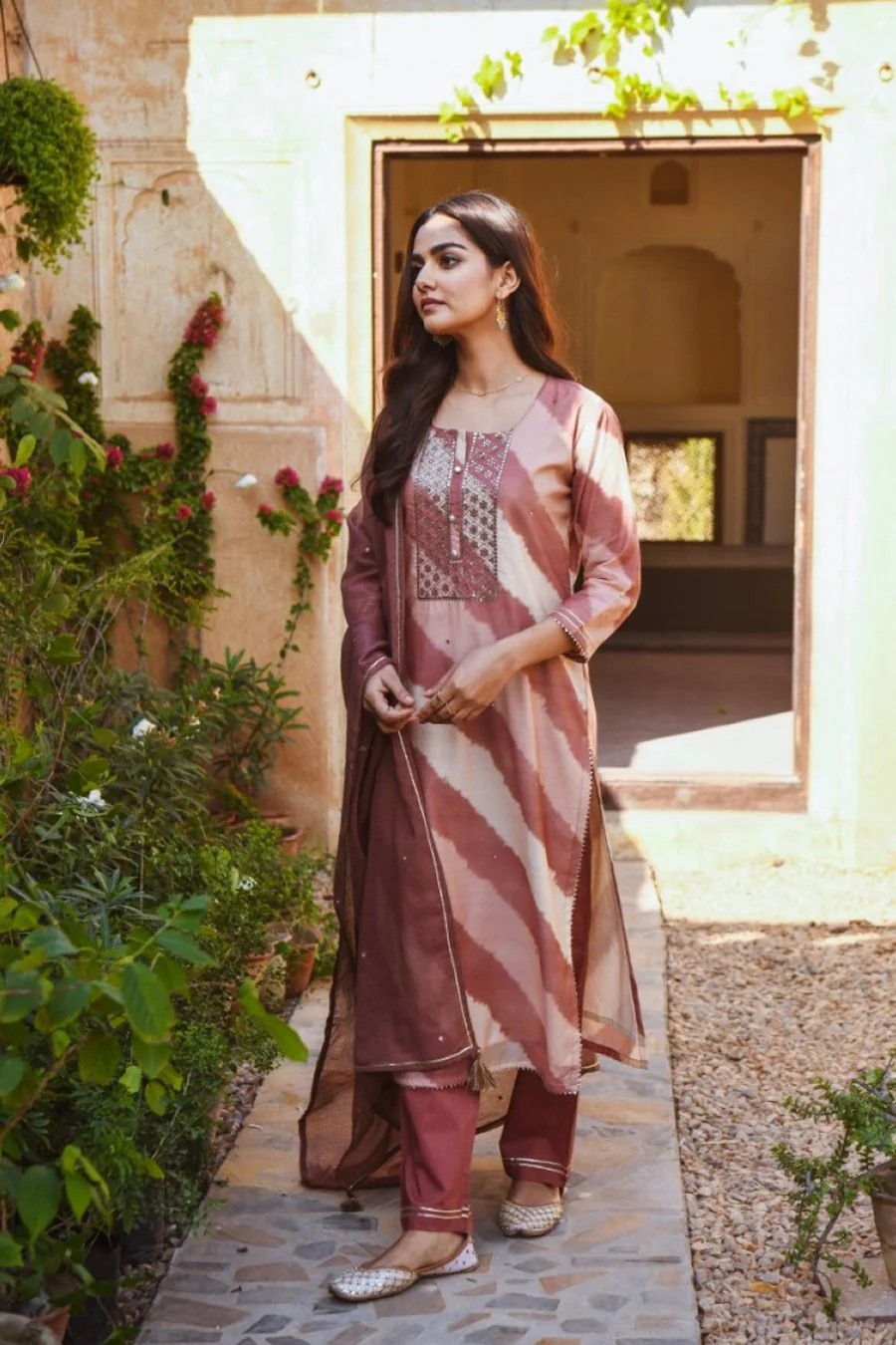 Light Brown Leheriya Embellished Kurta Set - Image 3