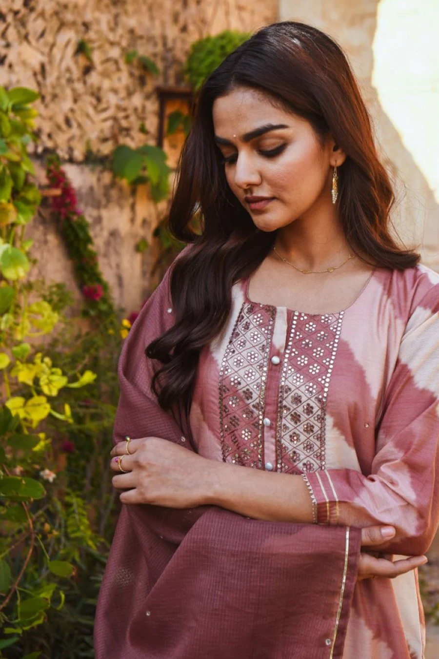 Light Brown Leheriya Embellished Kurta Set - Image 6