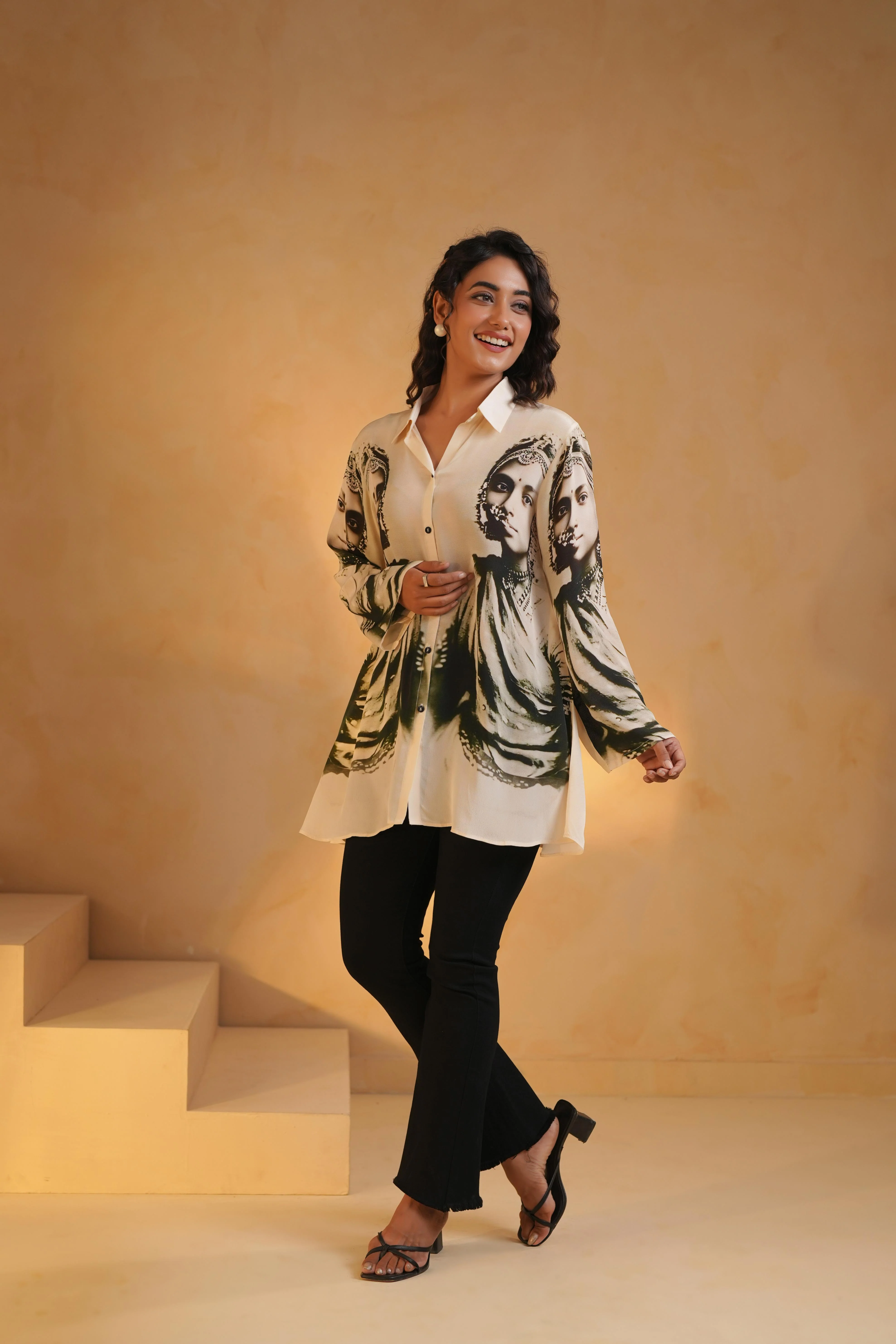 Classic White Printed Viscose Crepe Top - Image 4