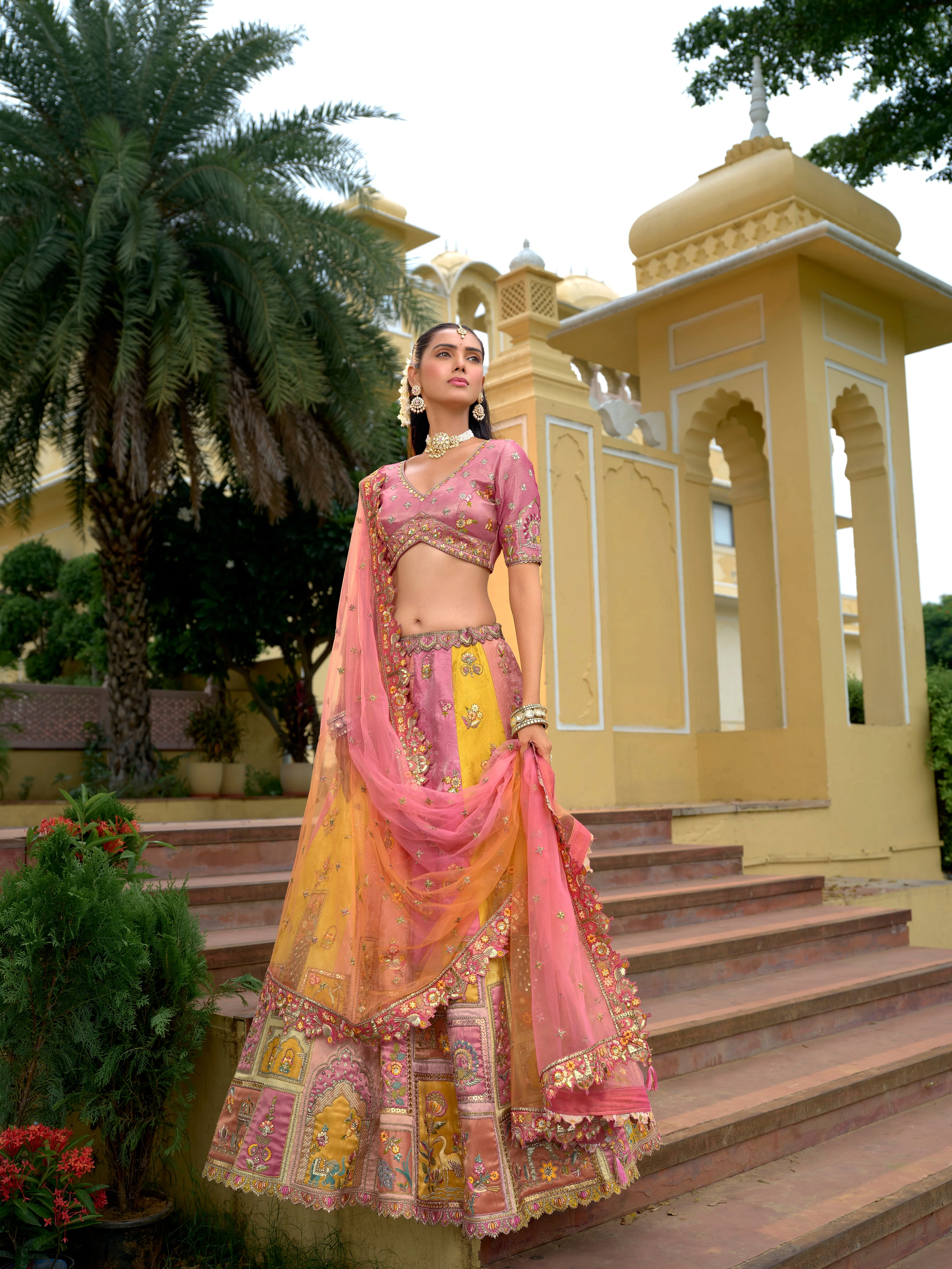 Pink–Peach Embellished Tissue Silk Lehenga Set - Image 2