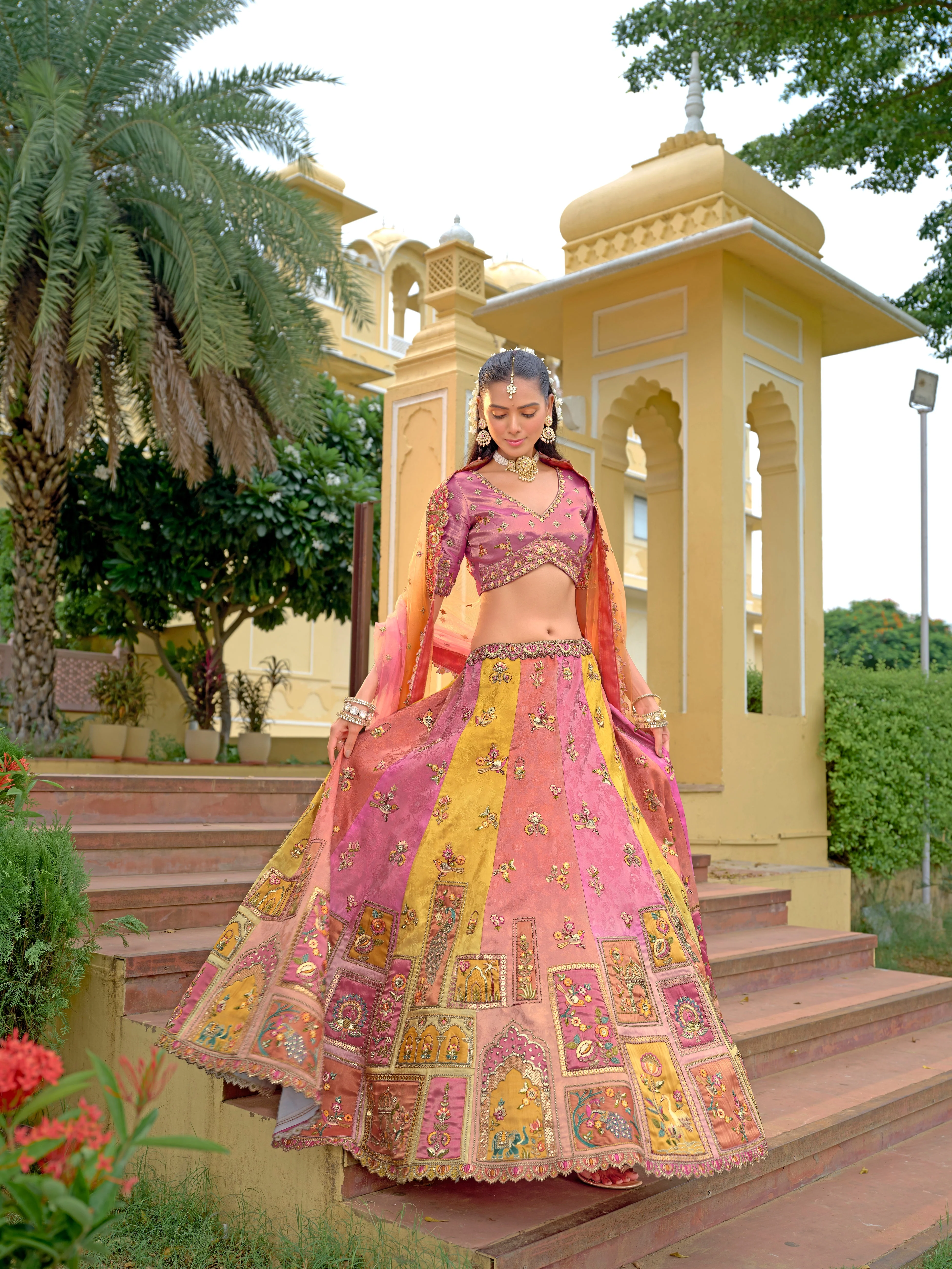 Pink–Peach Embellished Tissue Silk Lehenga Set - Image 3