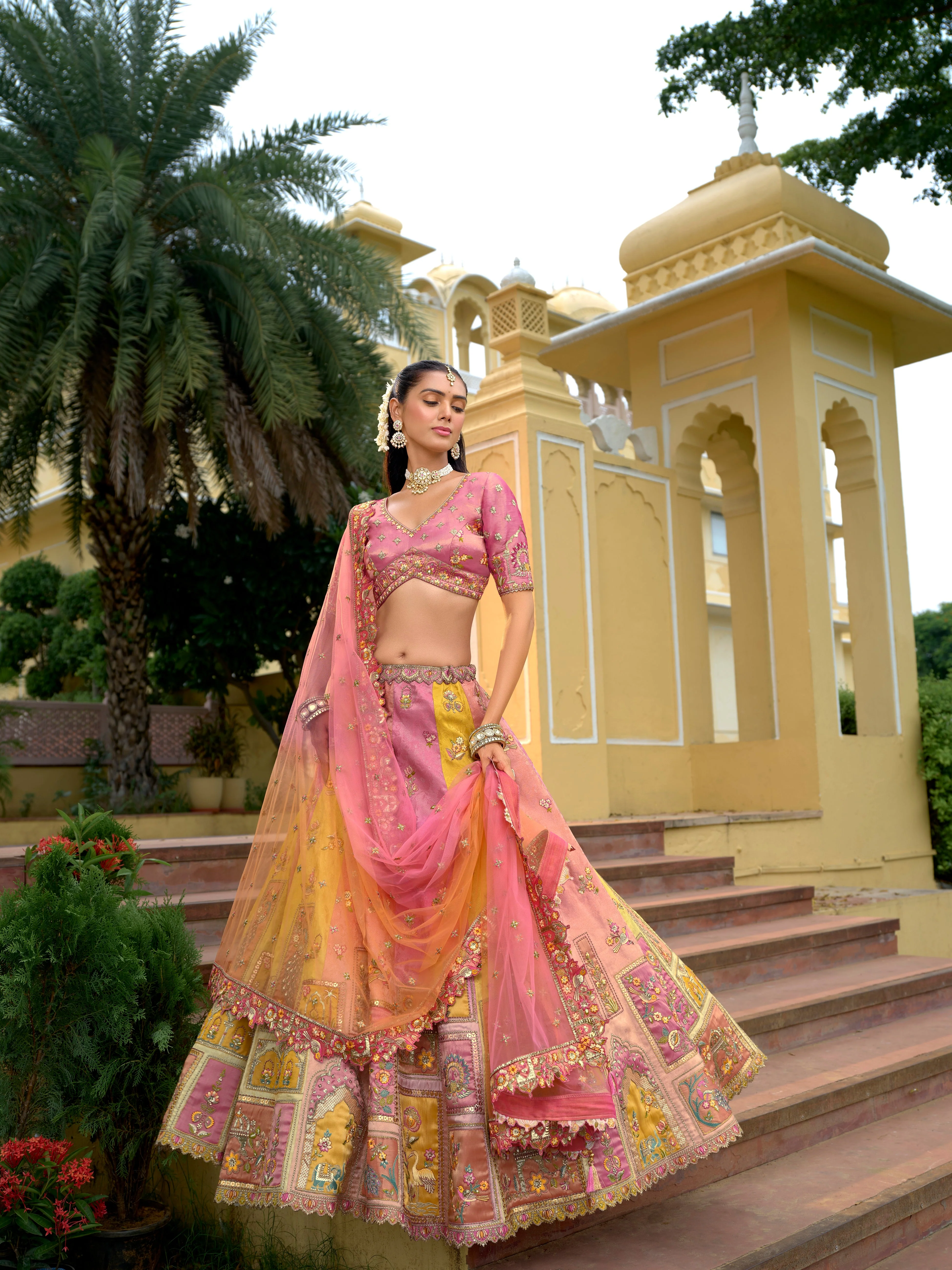 Pink–Peach Embellished Tissue Silk Lehenga Set - Image 4