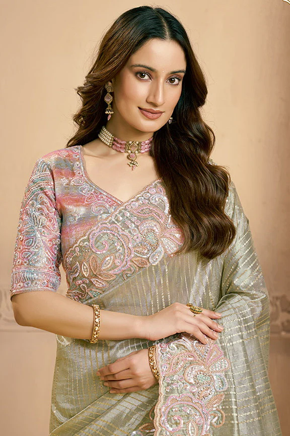 Sea Green Embellished Zari Tissue Silk Saree - Image 2