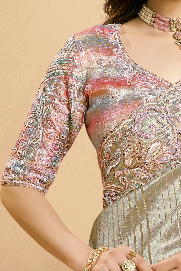 Sea Green Embellished Zari Tissue Silk Saree - Image 3