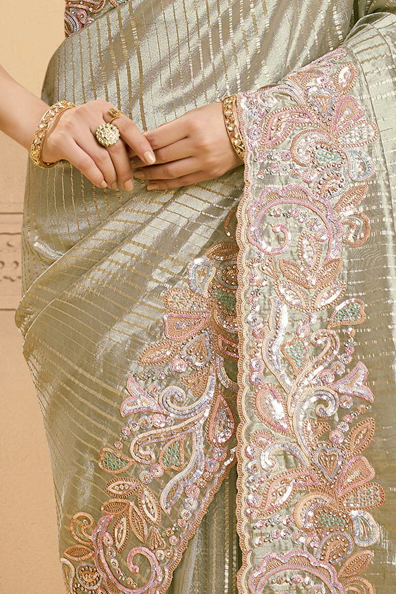 Sea Green Embellished Zari Tissue Silk Saree - Image 4