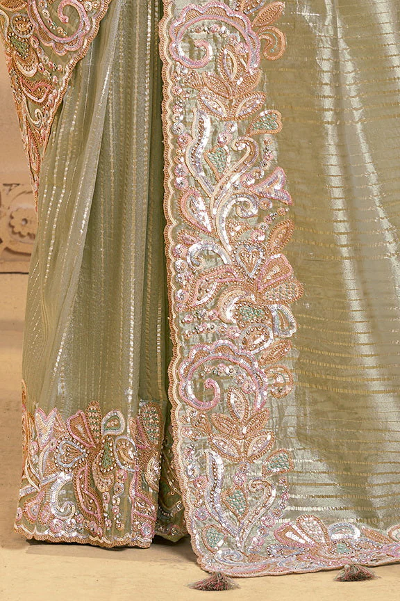 Sea Green Embellished Zari Tissue Silk Saree - Image 5